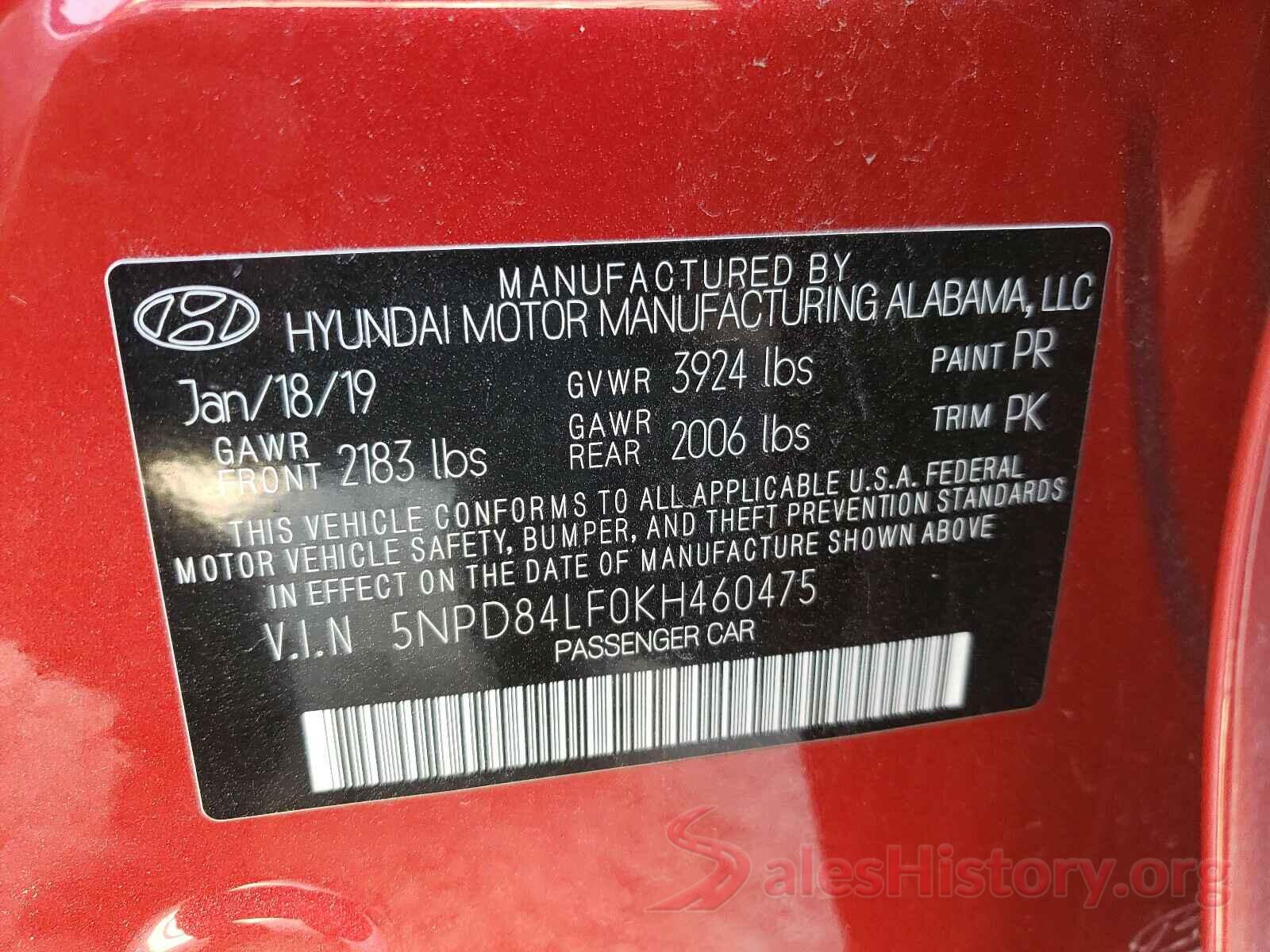 5NPD84LF0KH460475 2019 HYUNDAI ELANTRA