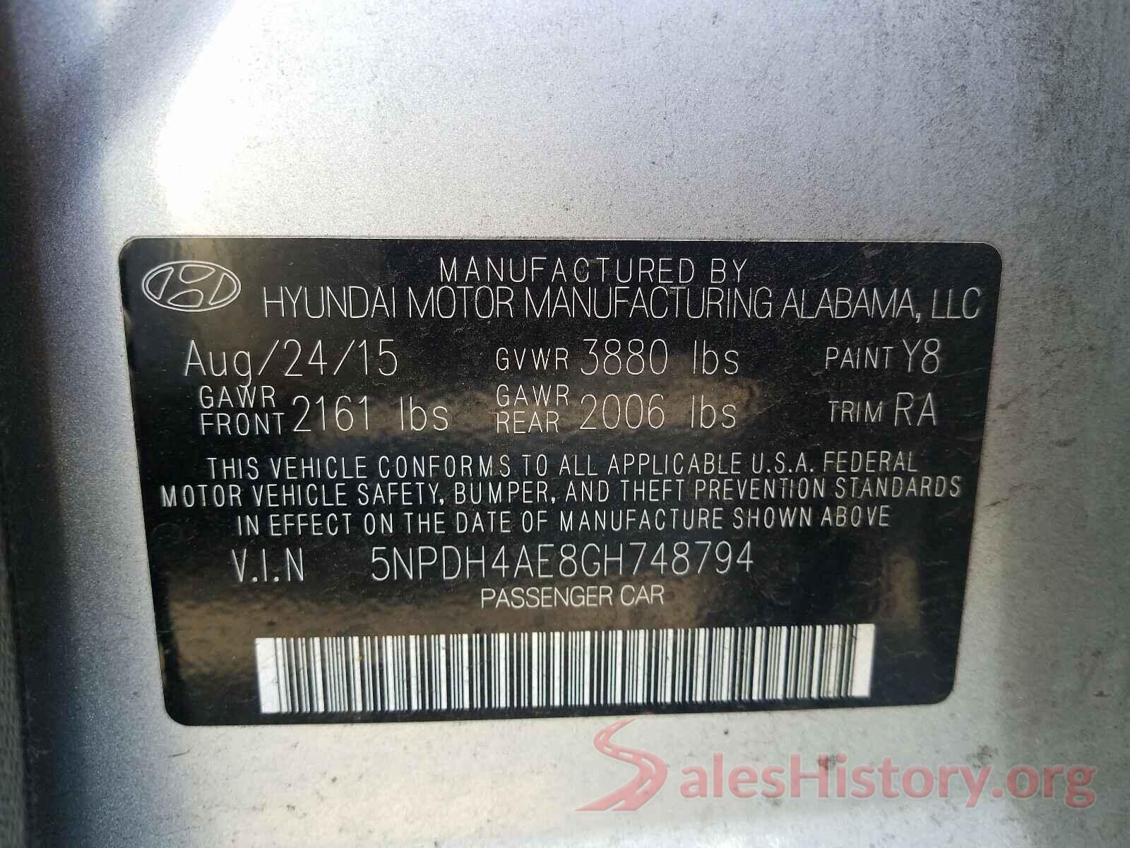 5NPDH4AE8GH748794 2016 HYUNDAI ELANTRA