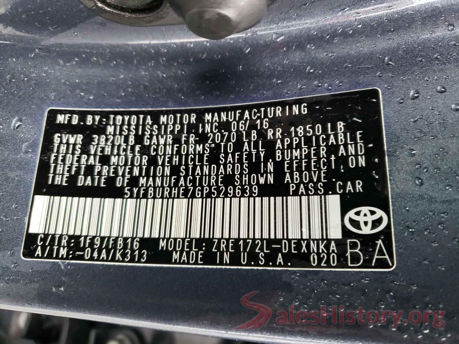 5YFBURHE7GP529639 2016 TOYOTA COROLLA