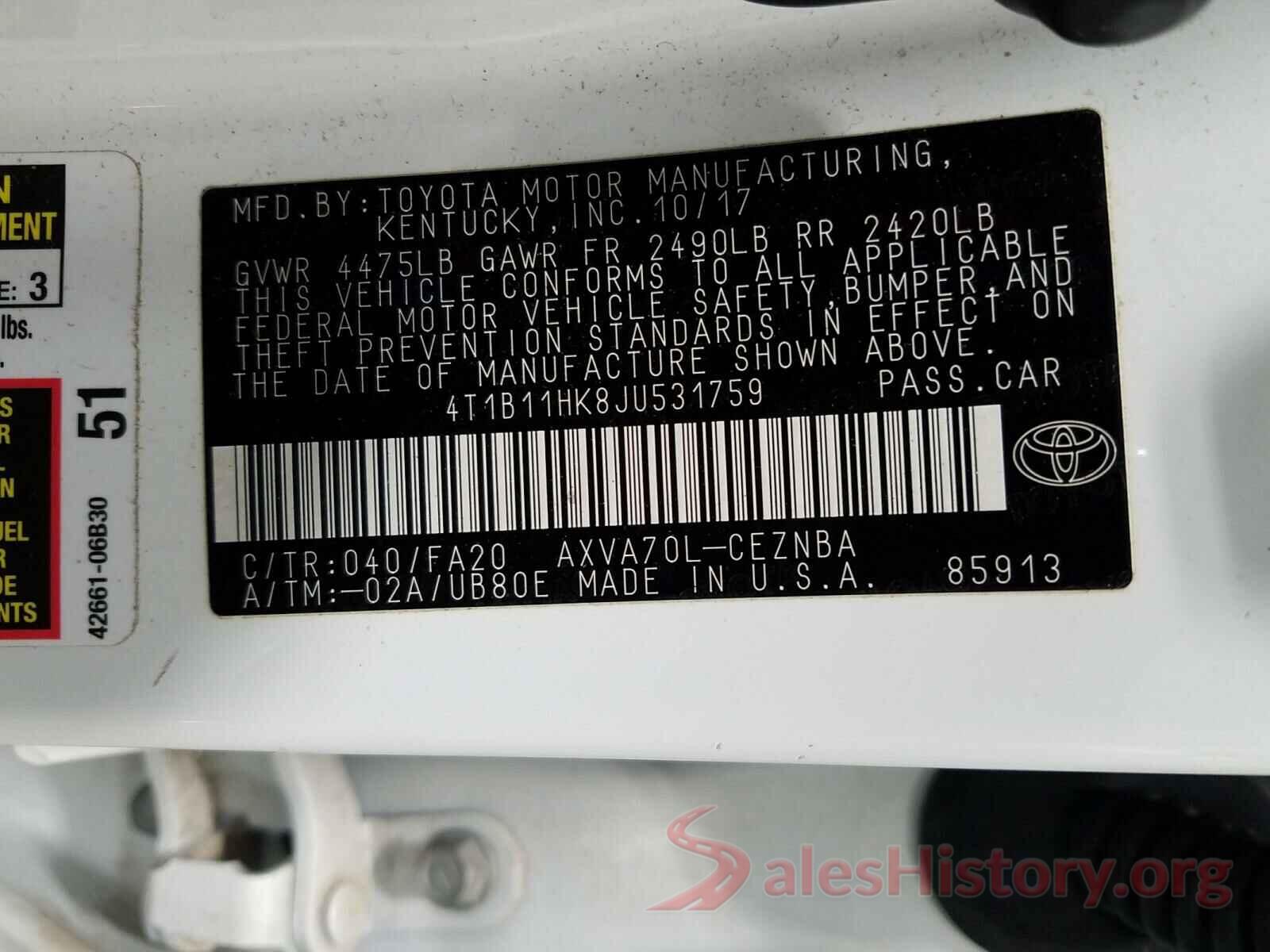 4T1B11HK8JU531759 2018 TOYOTA CAMRY