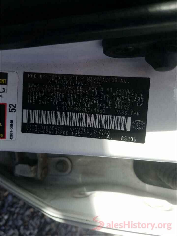 4T1B11HK9KU741658 2019 TOYOTA CAMRY