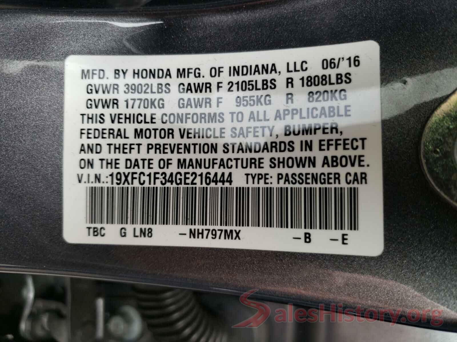 19XFC1F34GE216444 2016 HONDA CIVIC