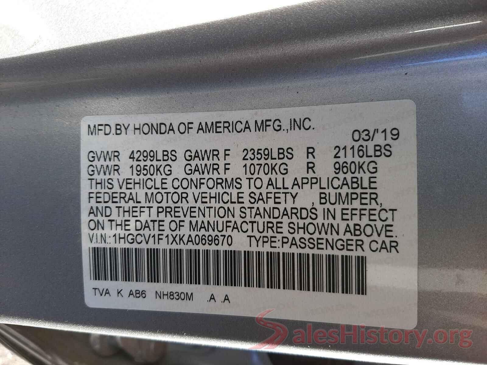 1HGCV1F1XKA069670 2019 HONDA ACCORD