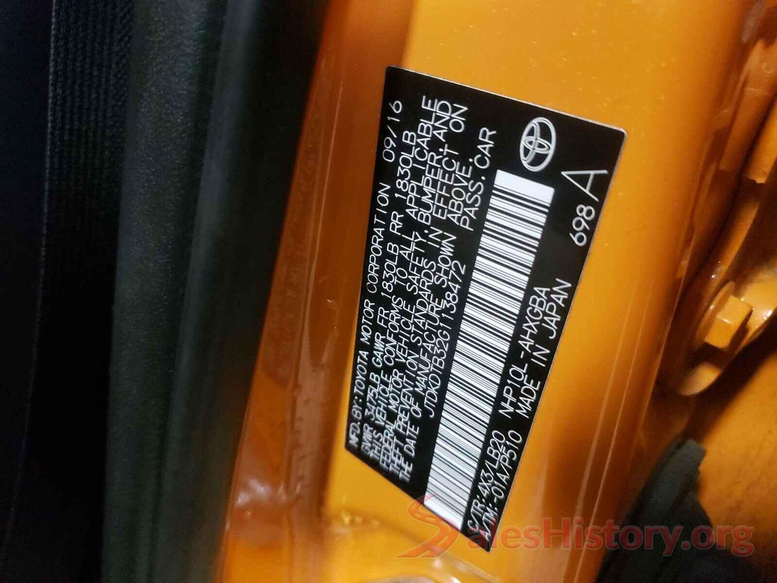 JTDKDTB32G1138472 2016 TOYOTA PRIUS