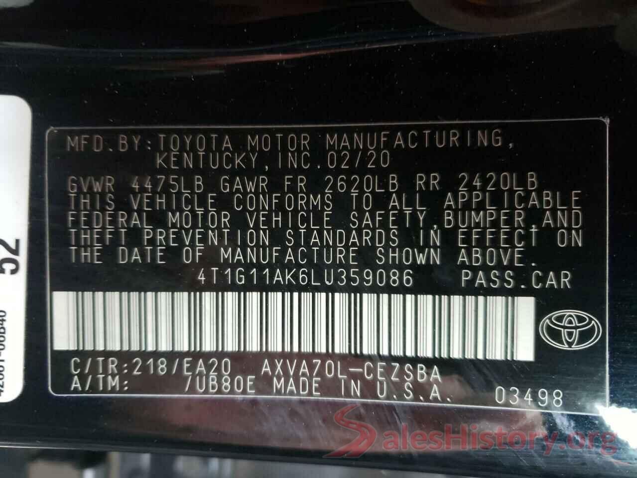 4T1G11AK6LU359086 2020 TOYOTA CAMRY