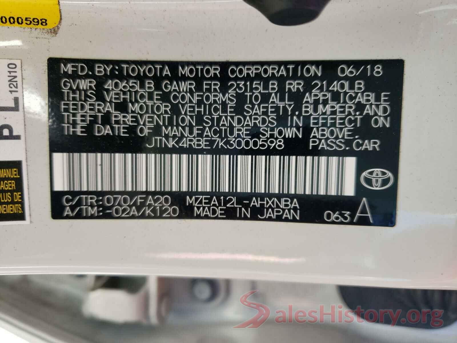 JTNK4RBE7K3000598 2019 TOYOTA COROLLA