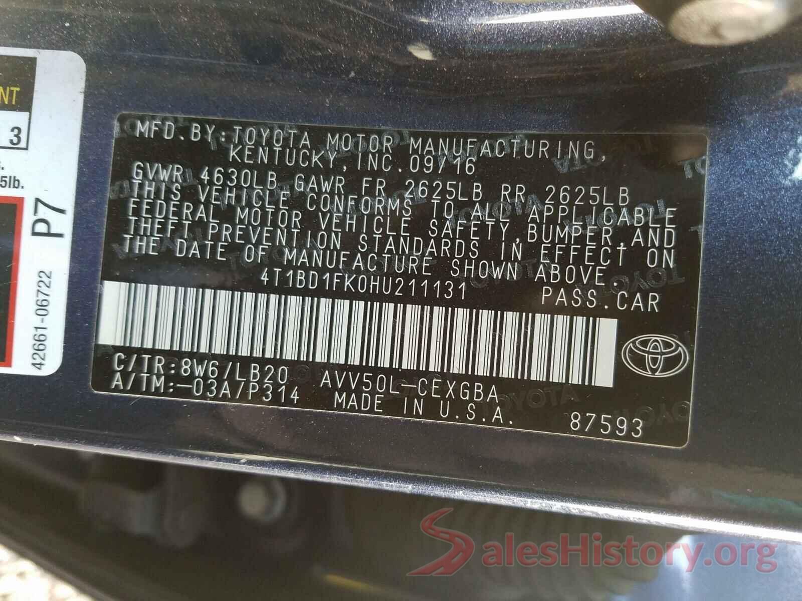 4T1BD1FK0HU211131 2017 TOYOTA CAMRY