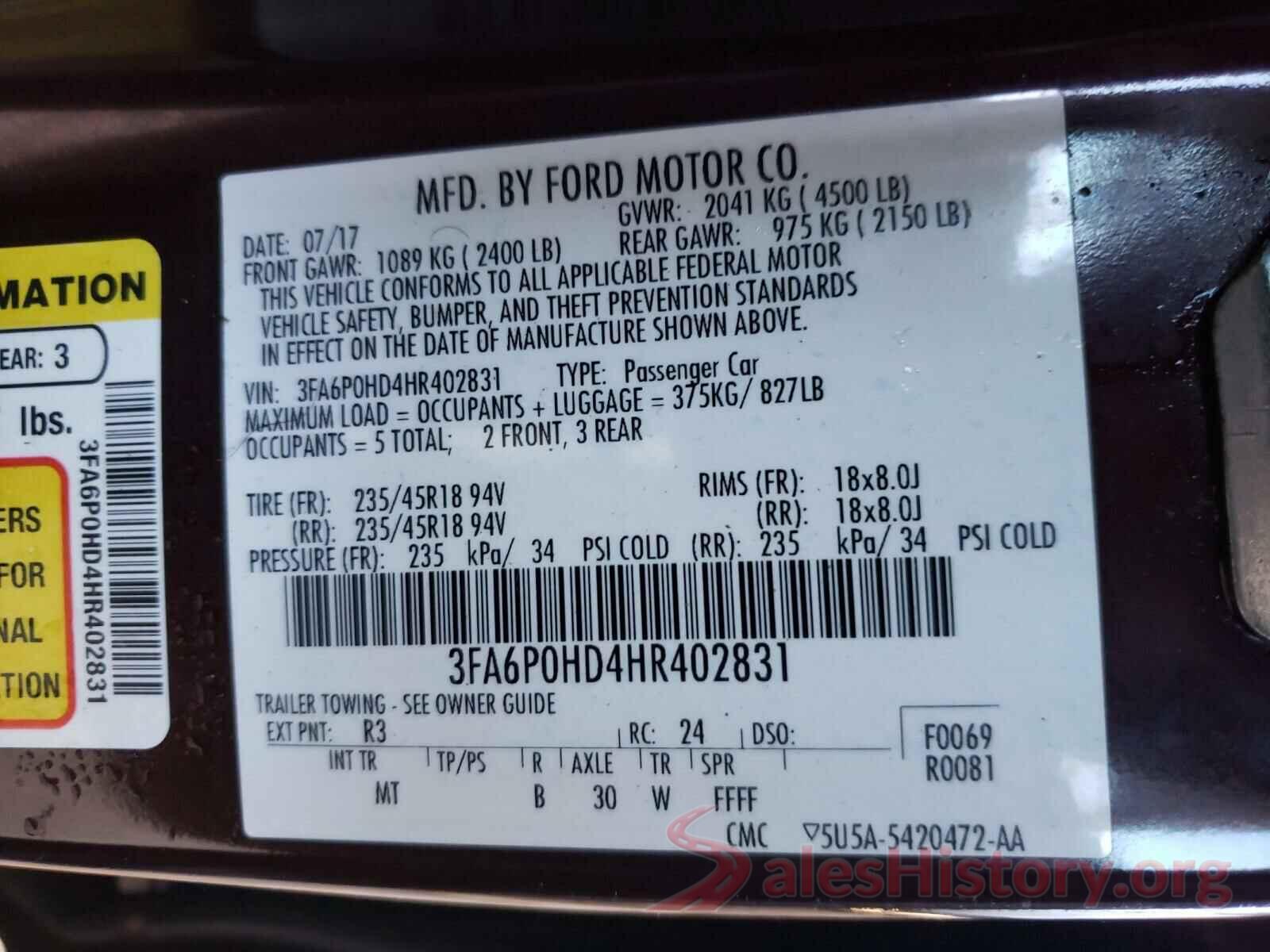 3FA6P0HD4HR402831 2017 FORD FUSION