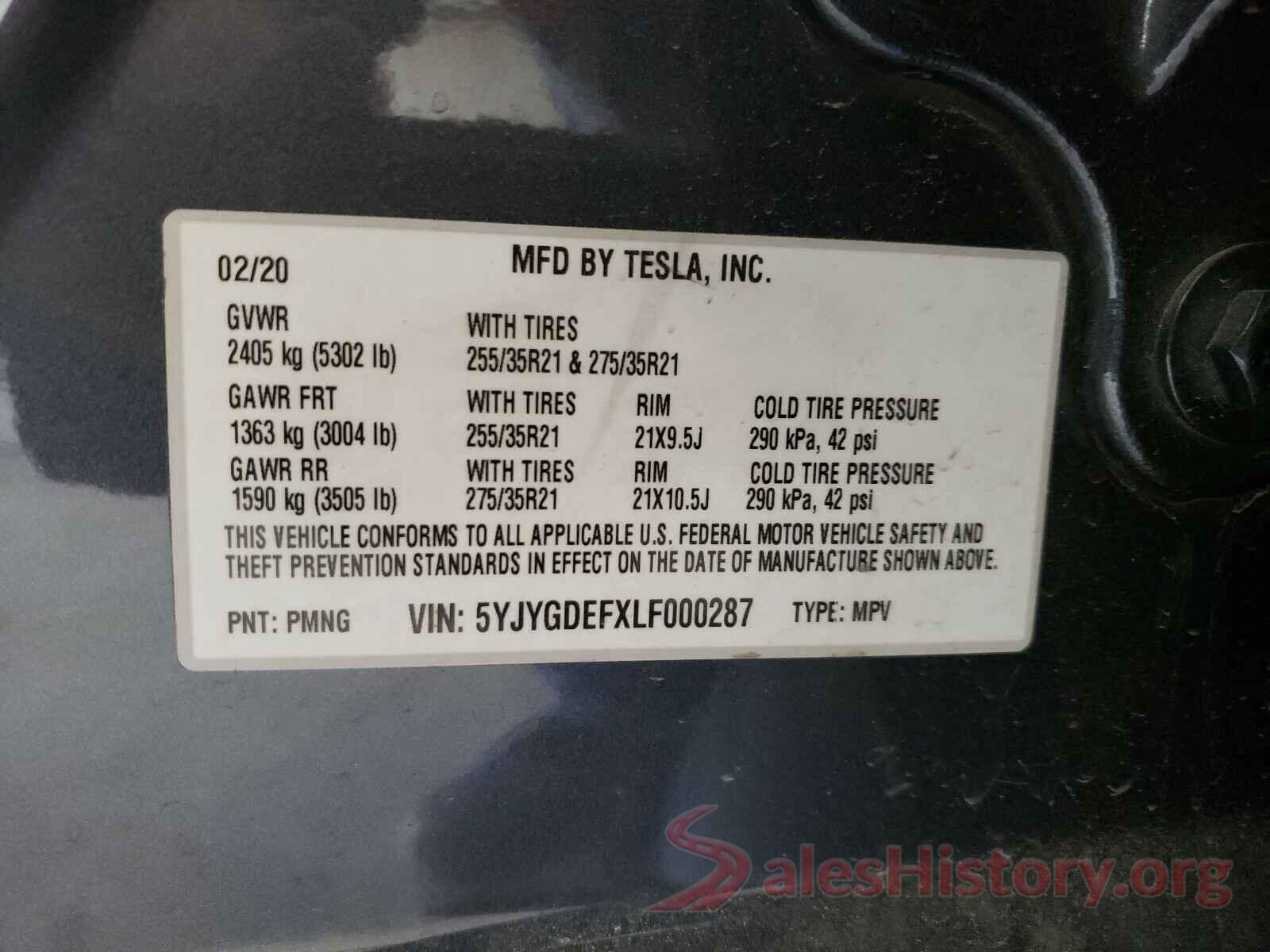 5YJYGDEFXLF000287 2020 TESLA MODEL Y