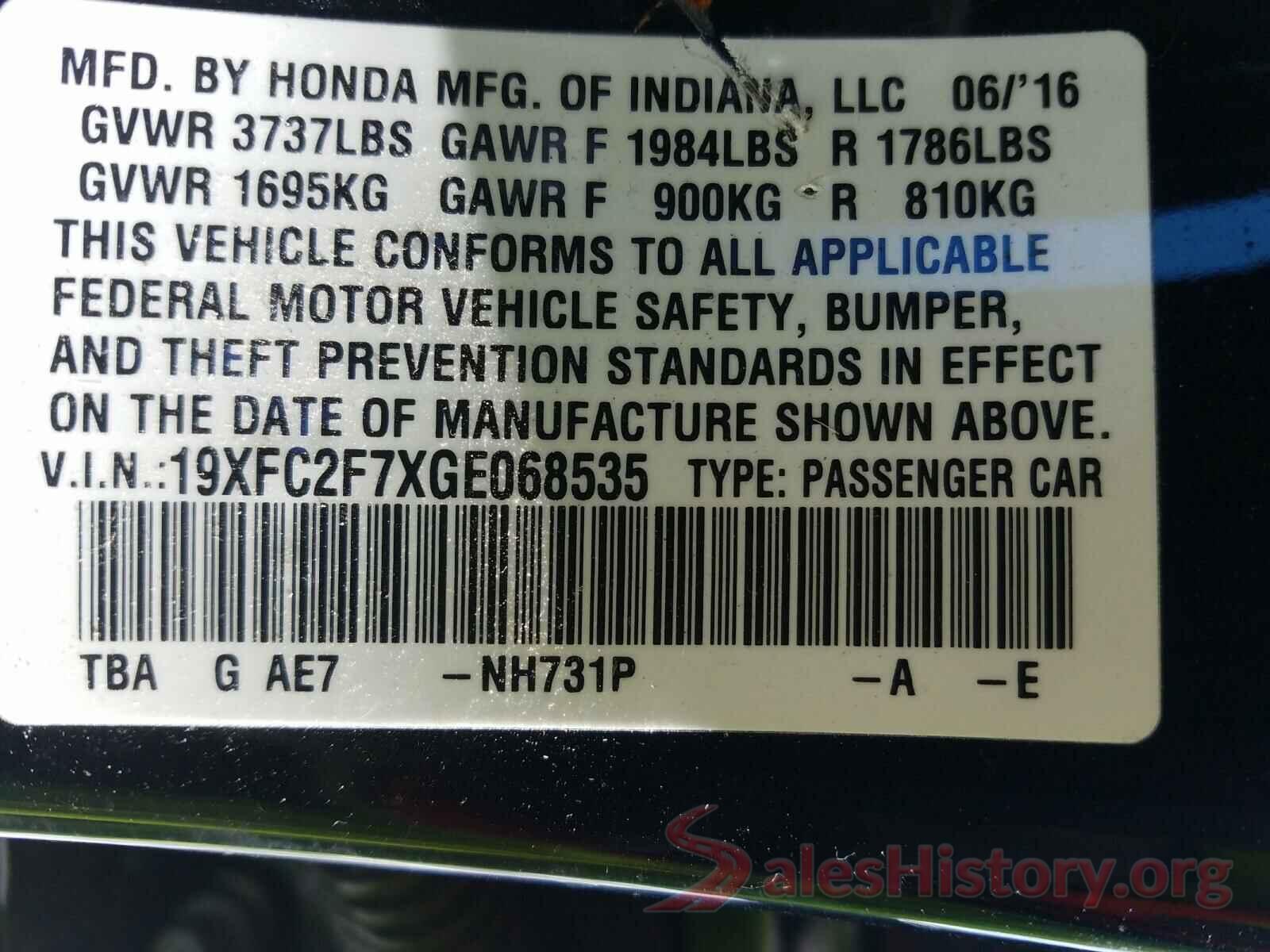 19XFC2F7XGE068535 2016 HONDA CIVIC