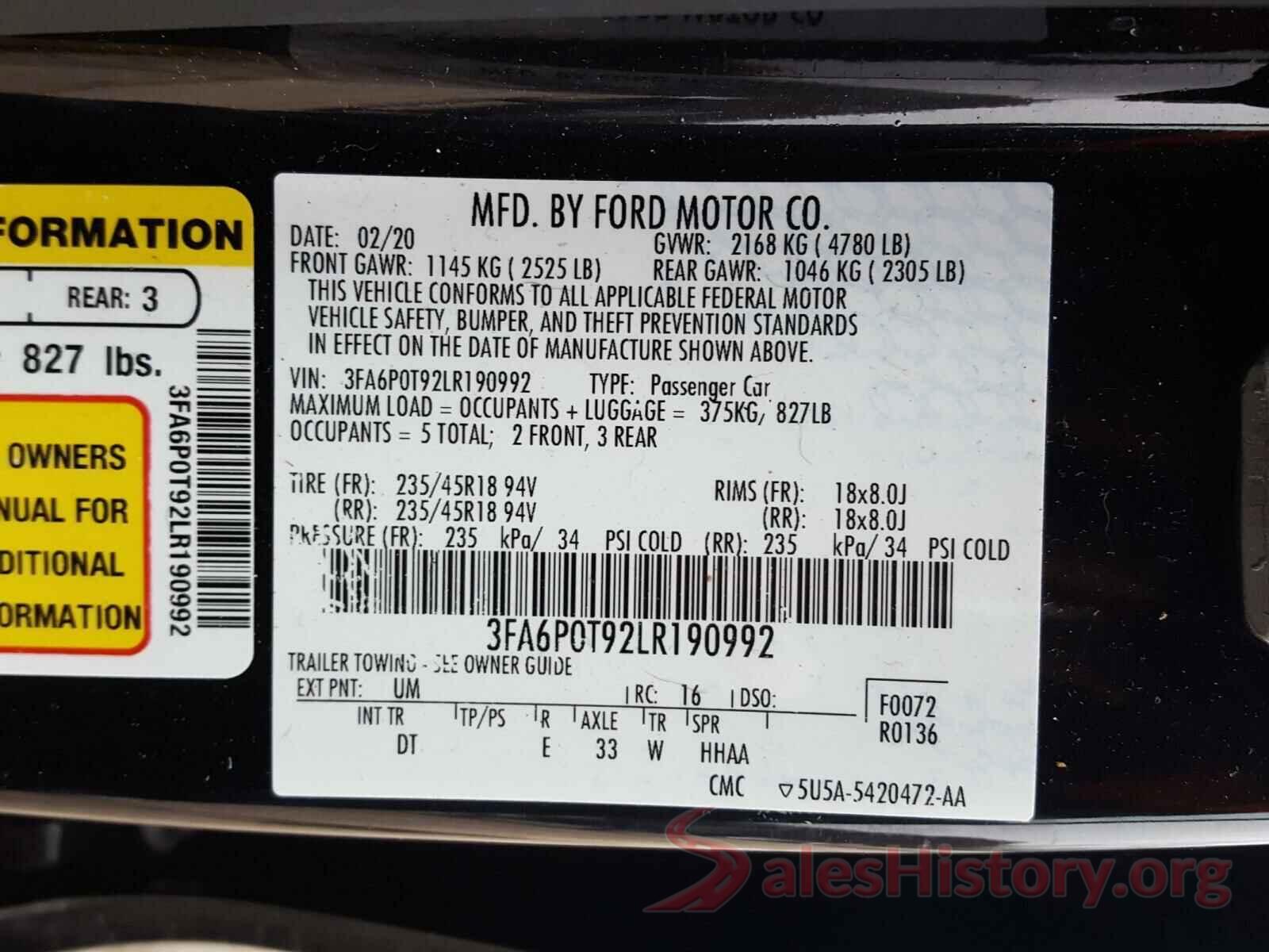 3FA6P0T92LR190992 2020 FORD FUSION