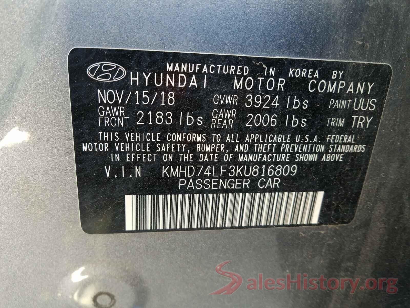 KMHD74LF3KU816809 2019 HYUNDAI ELANTRA