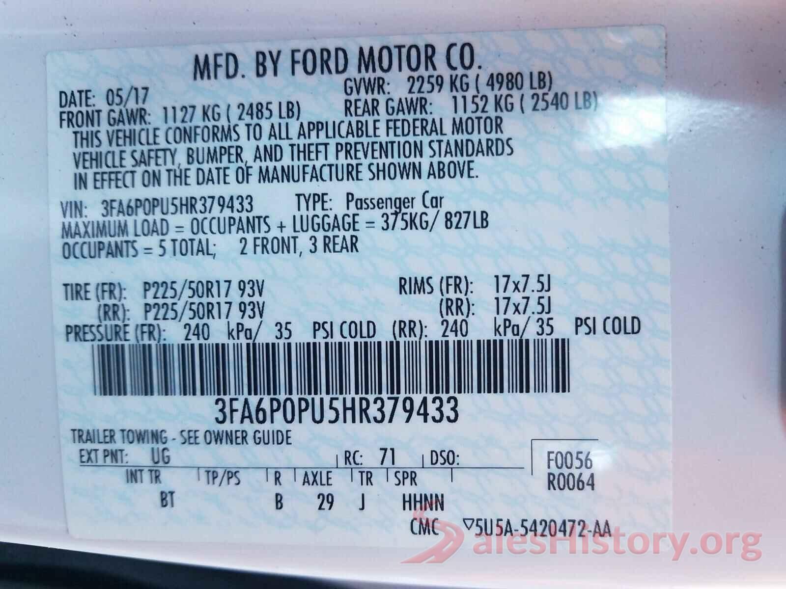 3FA6P0PU5HR379433 2017 FORD FUSION