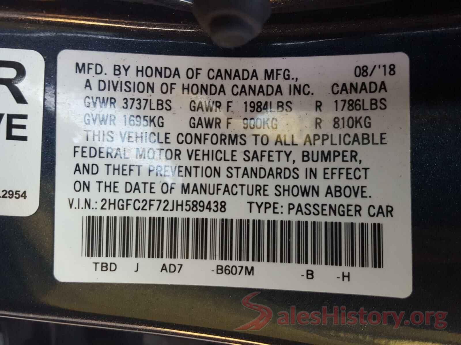 2HGFC2F72JH589438 2018 HONDA CIVIC