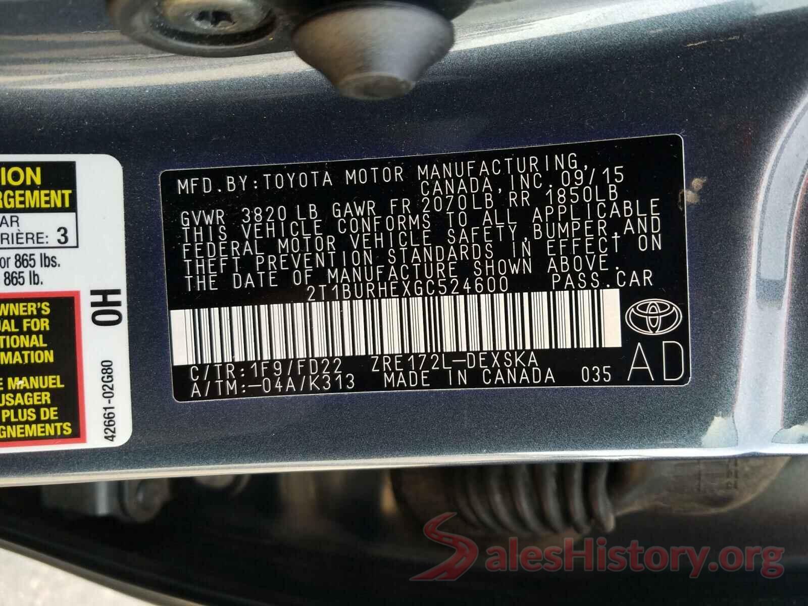 2T1BURHEXGC524600 2016 TOYOTA COROLLA