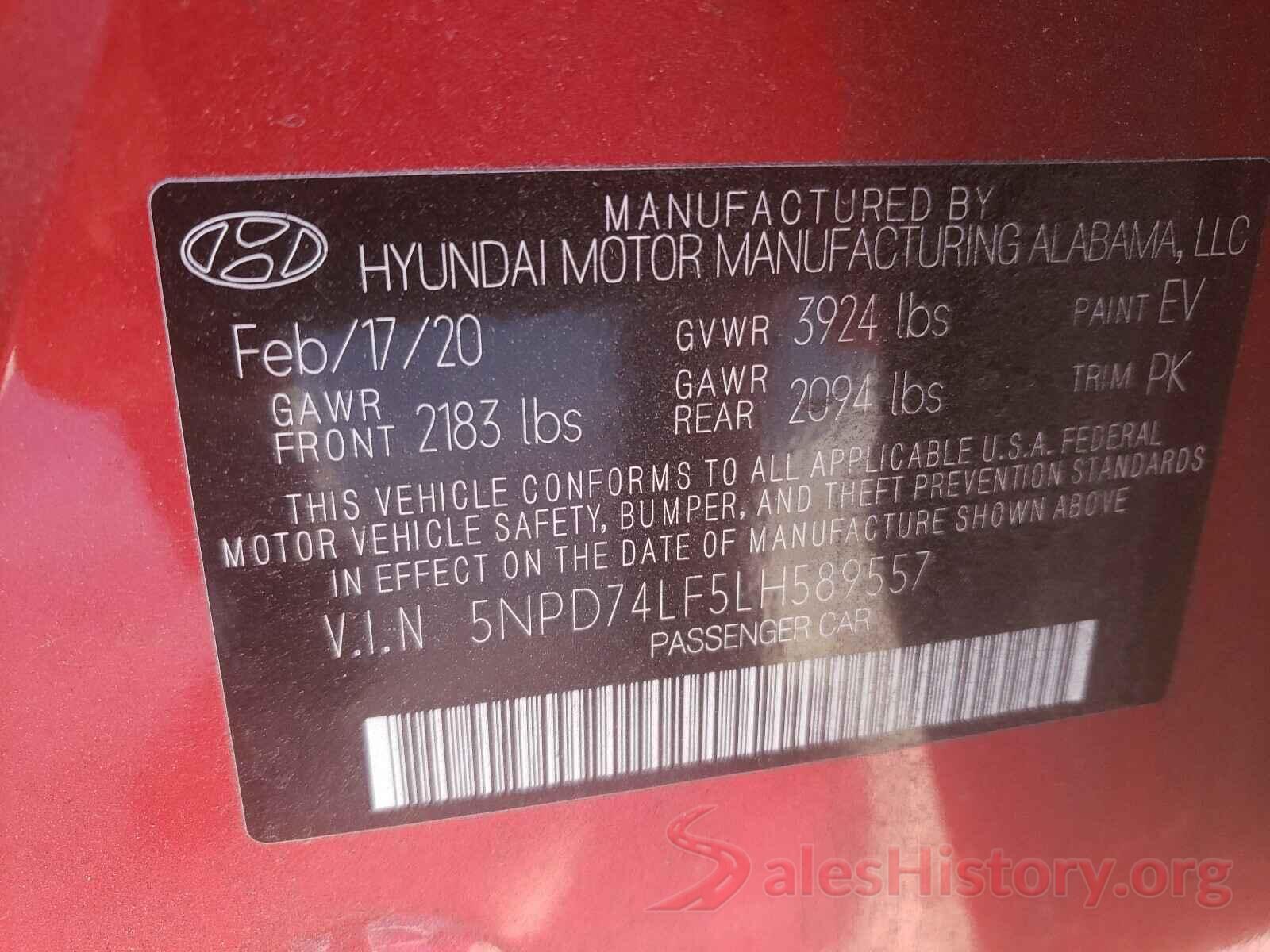 5NPD74LF5LH589557 2020 HYUNDAI ELANTRA