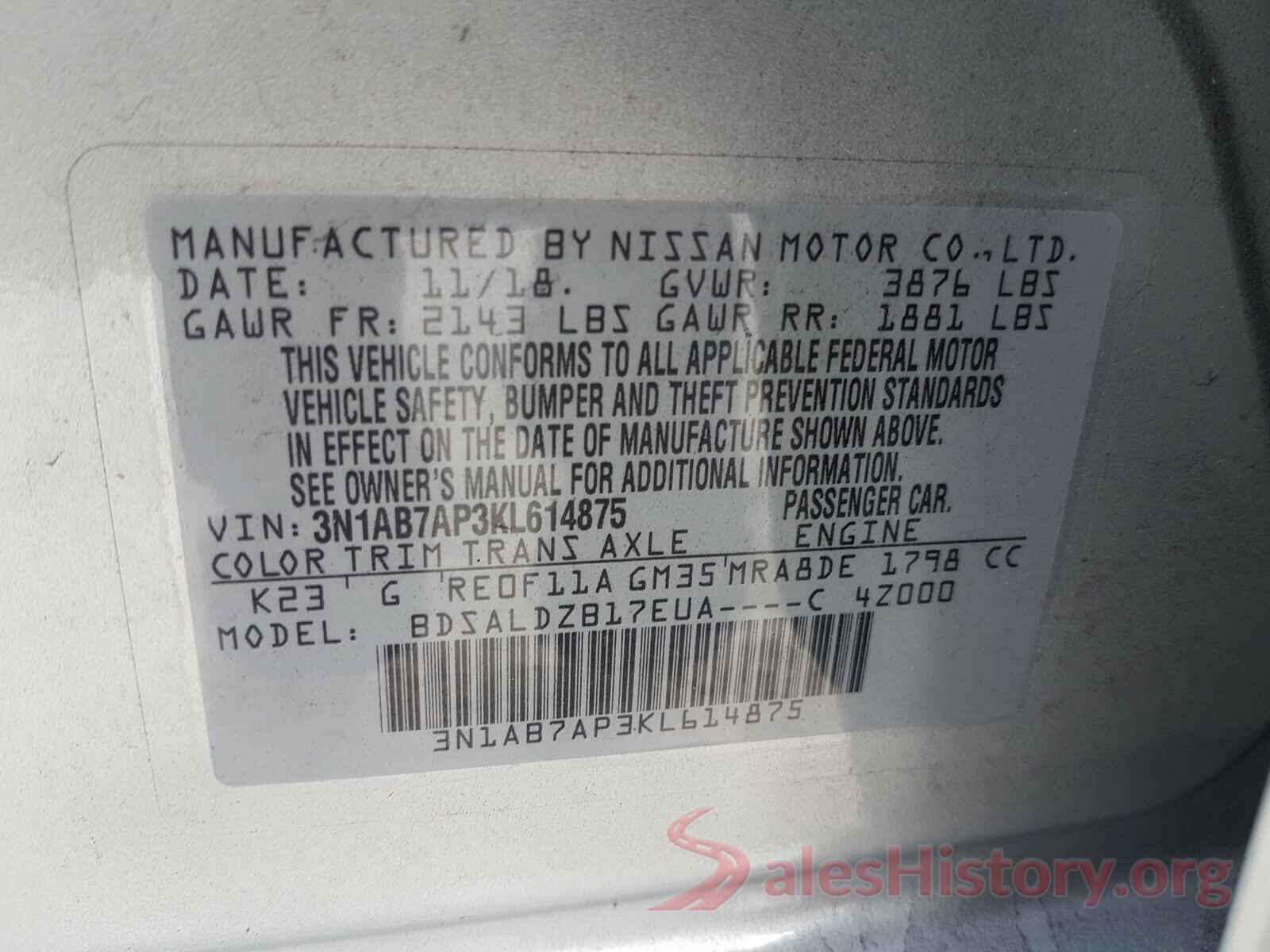 3N1AB7AP3KL614875 2019 NISSAN SENTRA