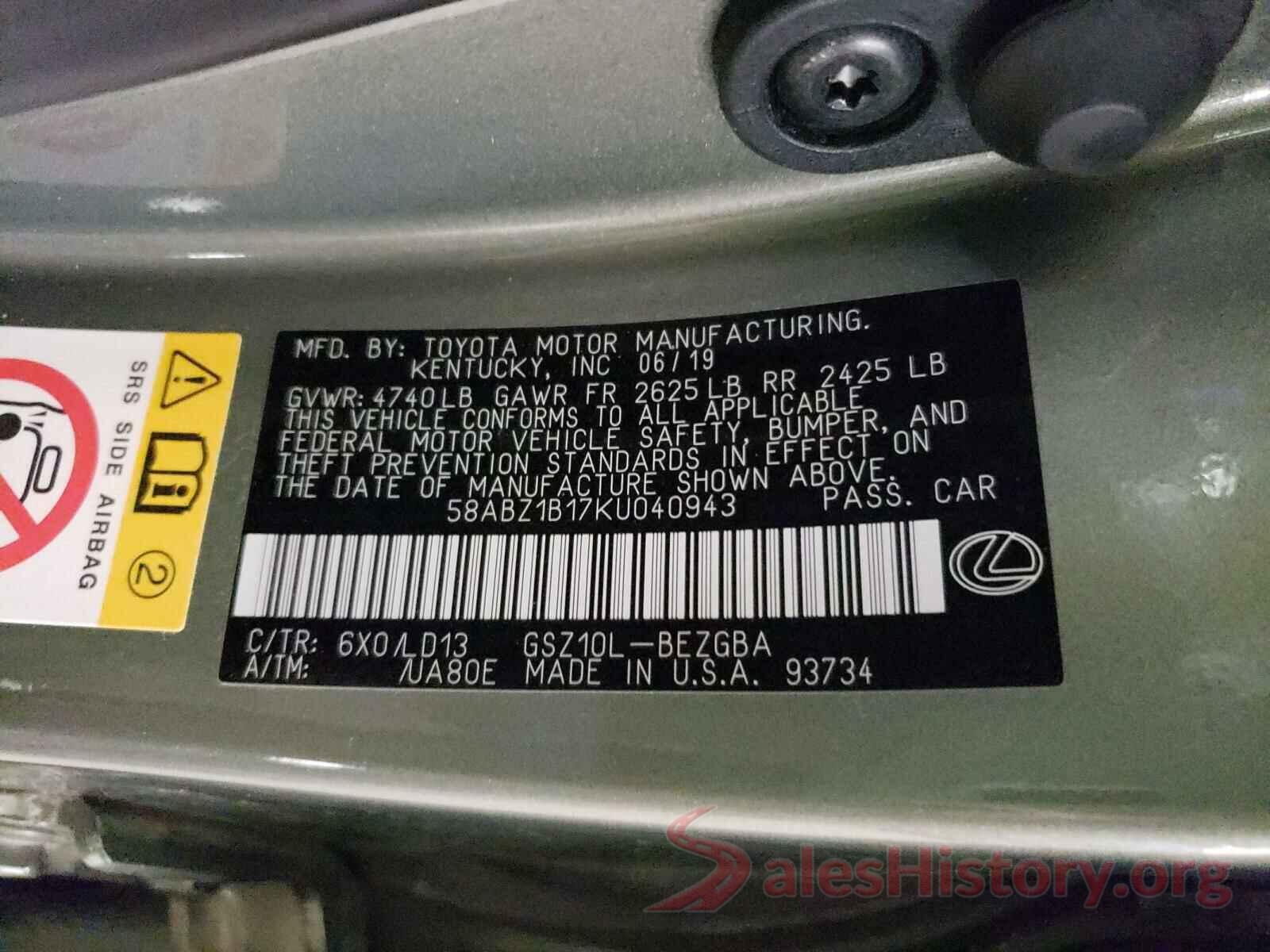 58ABZ1B17KU040943 2019 LEXUS ES350