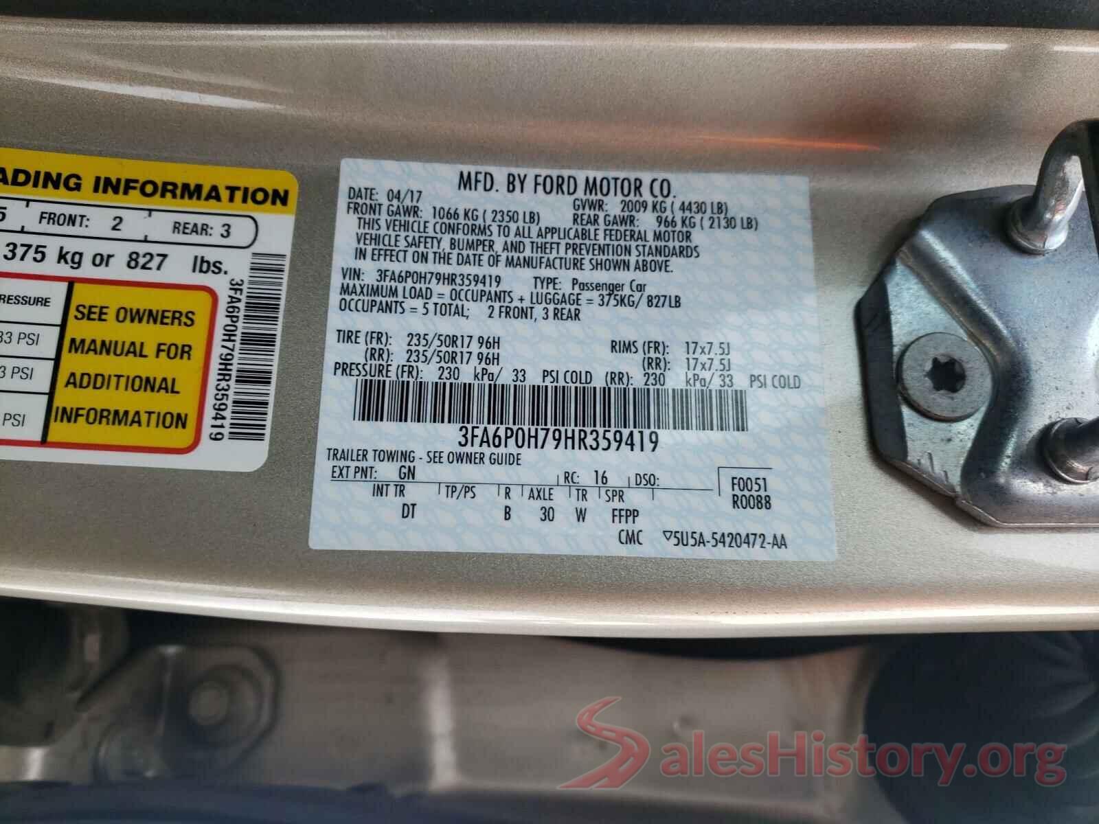 3FA6P0H79HR359419 2017 FORD FUSION