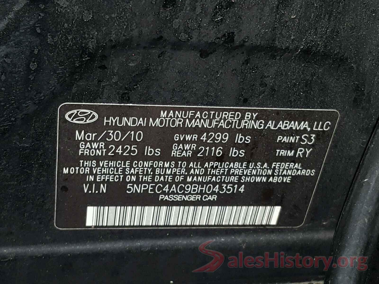 5NPEC4AC9BH043514 2011 HYUNDAI SONATA