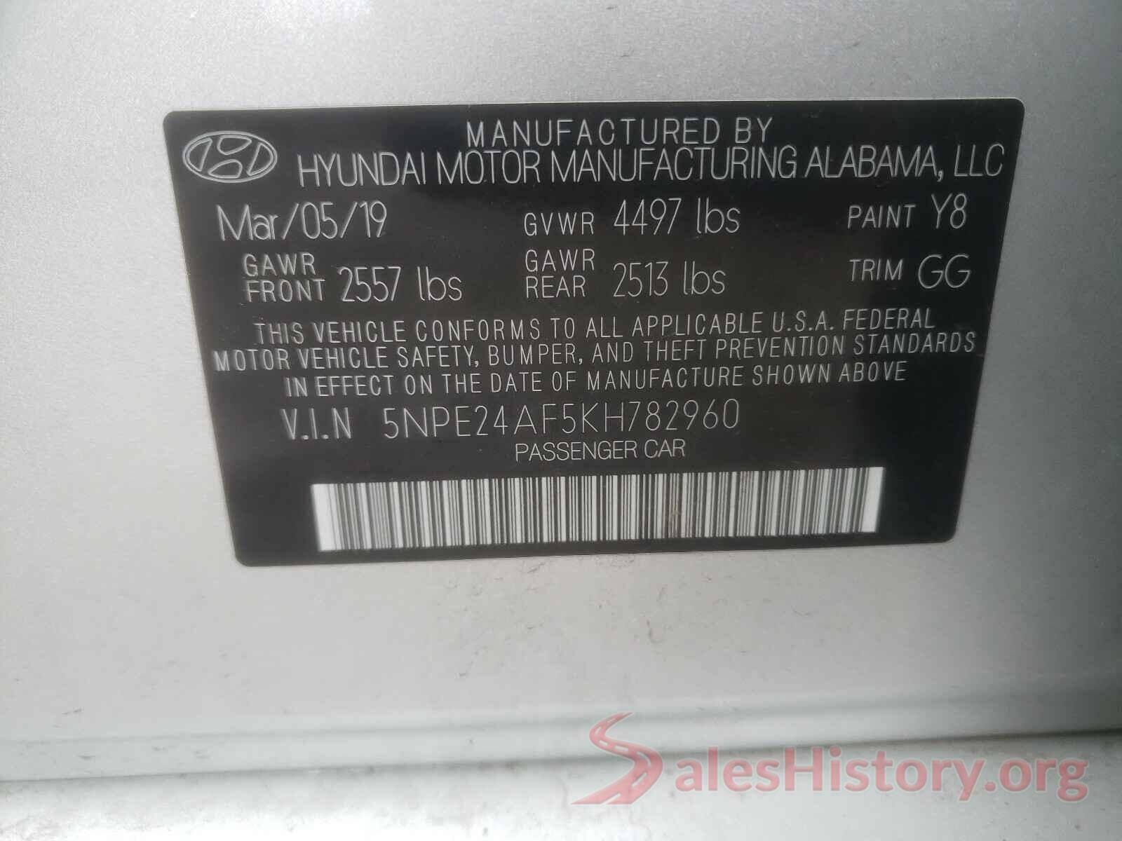 5NPE24AF5KH782960 2019 HYUNDAI SONATA