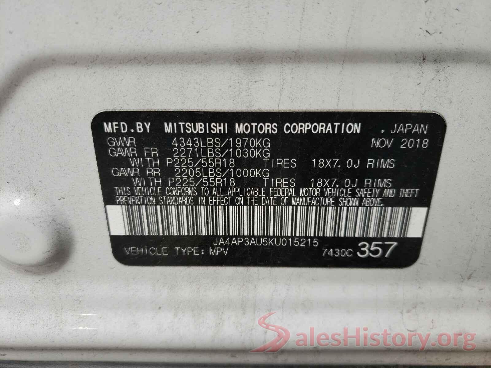 JA4AP3AU5KU015215 2019 MITSUBISHI OUTLANDER