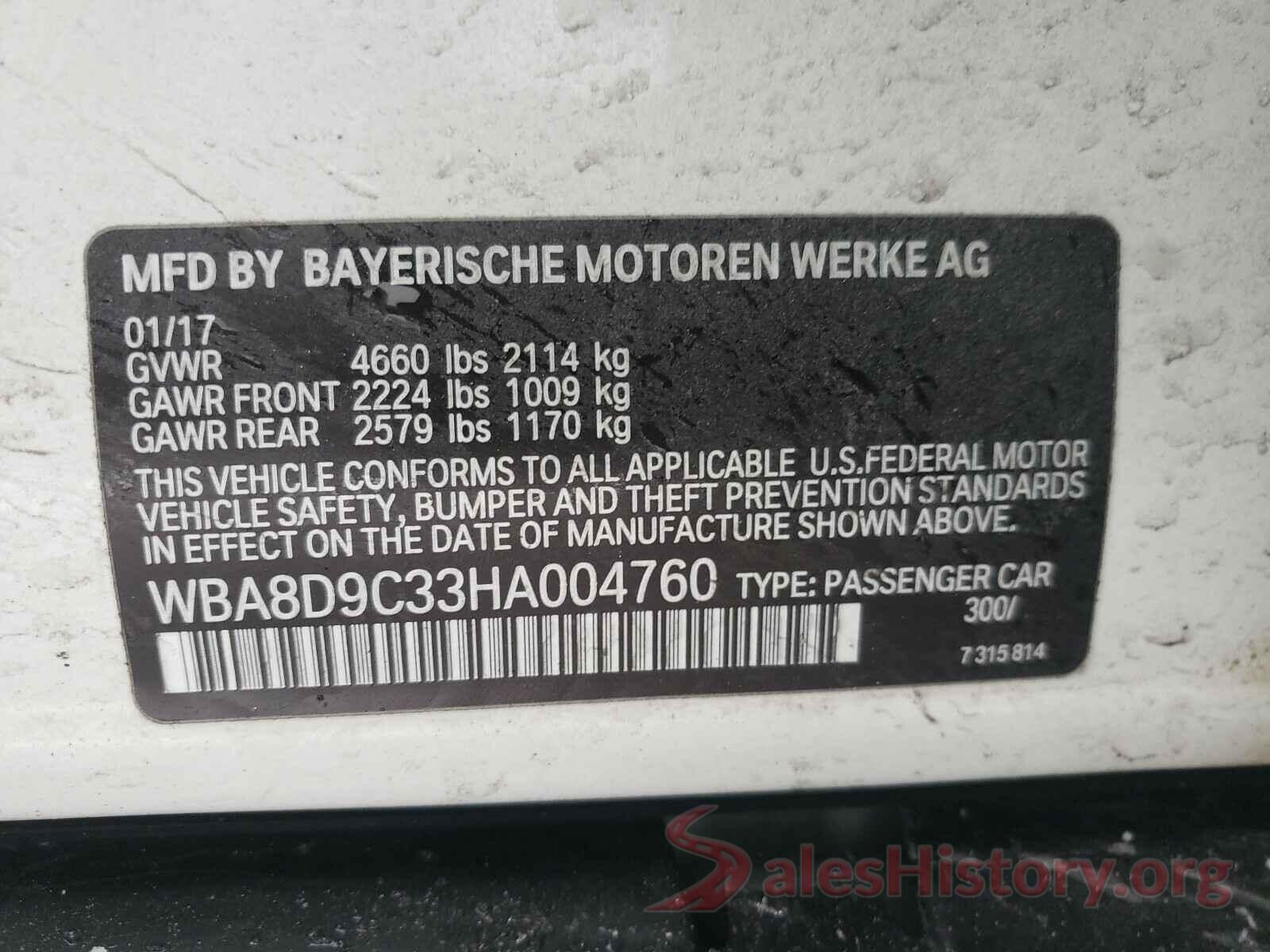 WBA8D9C33HA004760 2017 BMW 3 SERIES