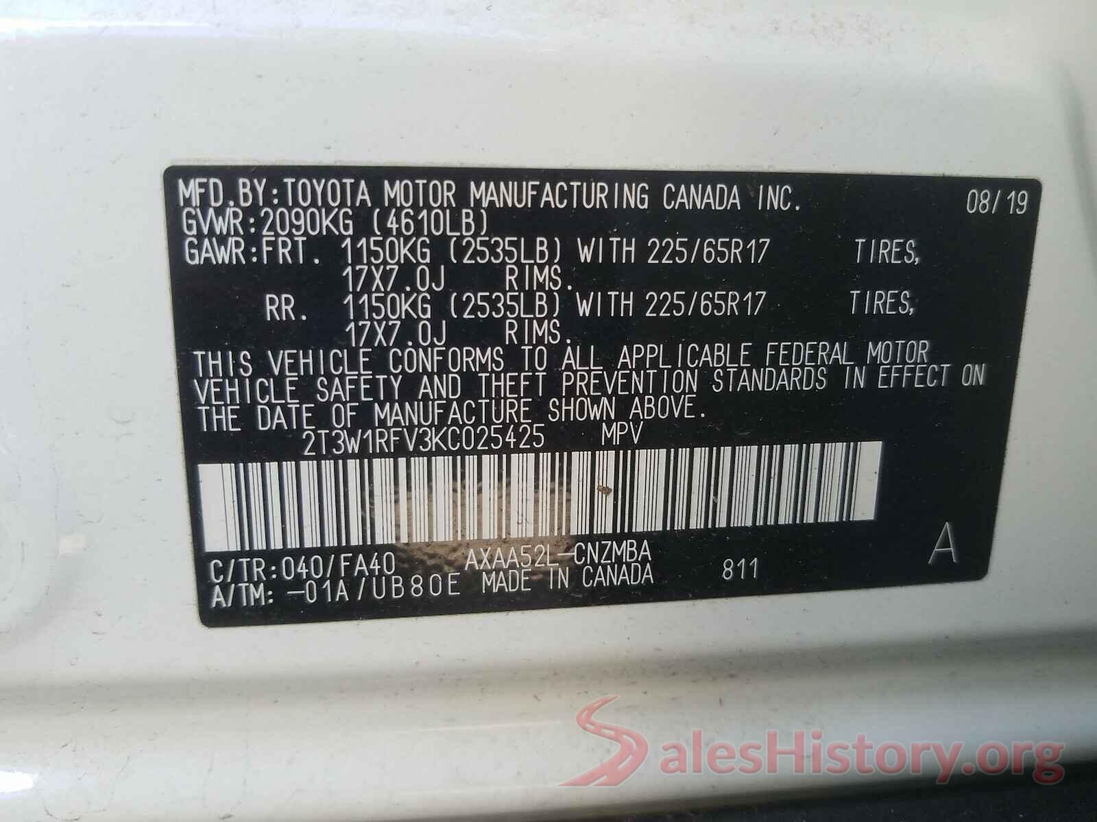 2T3W1RFV3KC025425 2019 TOYOTA RAV4