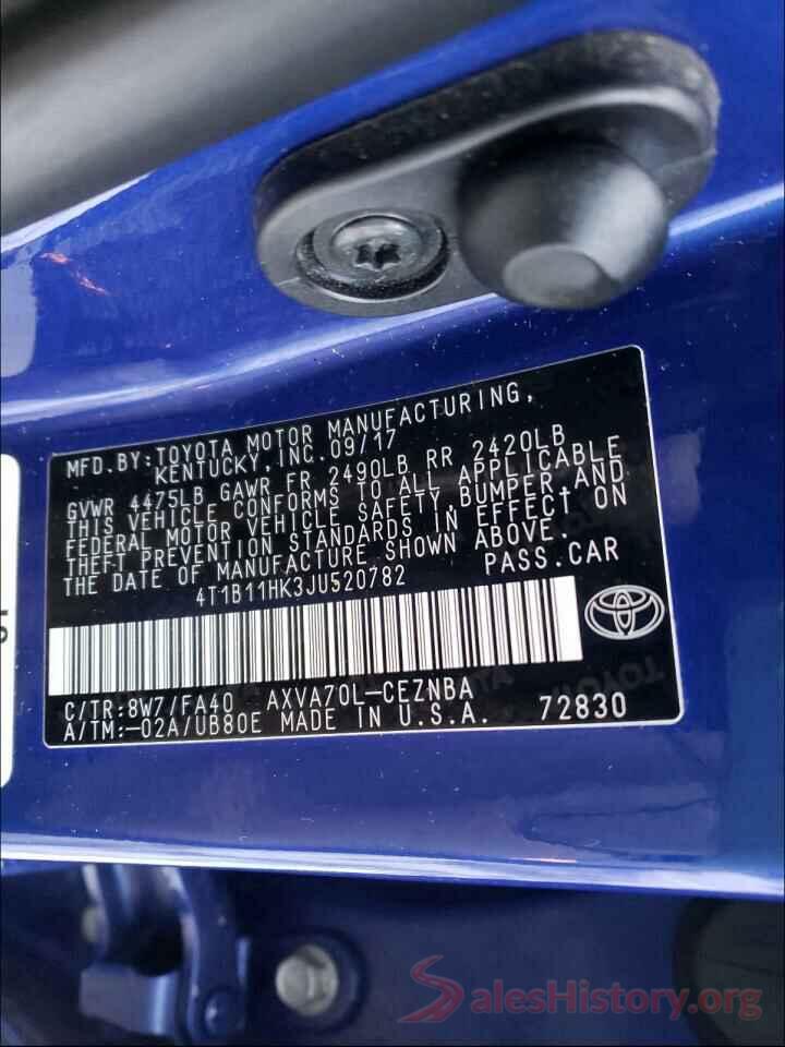 4T1B11HK3JU520782 2018 TOYOTA CAMRY