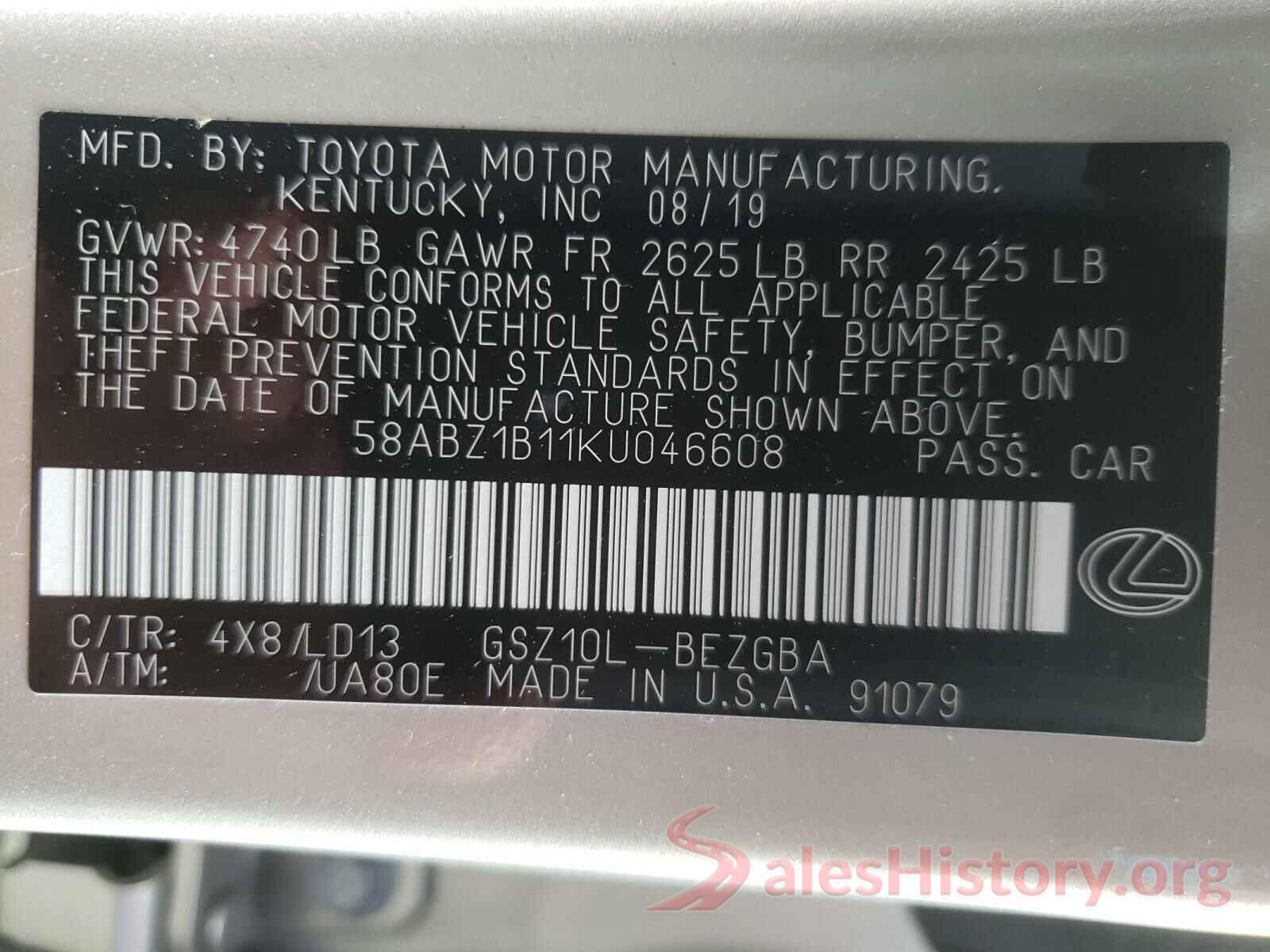 58ABZ1B11KU046608 2019 LEXUS ES350