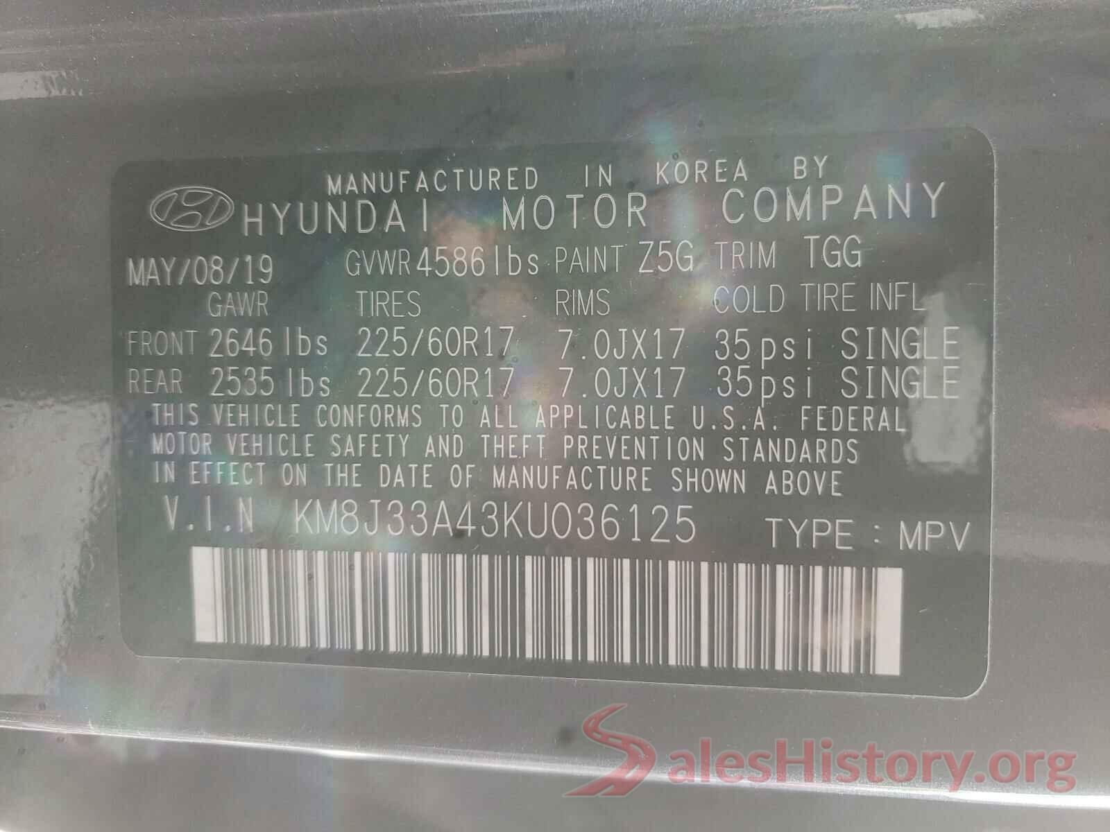 KM8J33A43KU036125 2019 HYUNDAI TUCSON