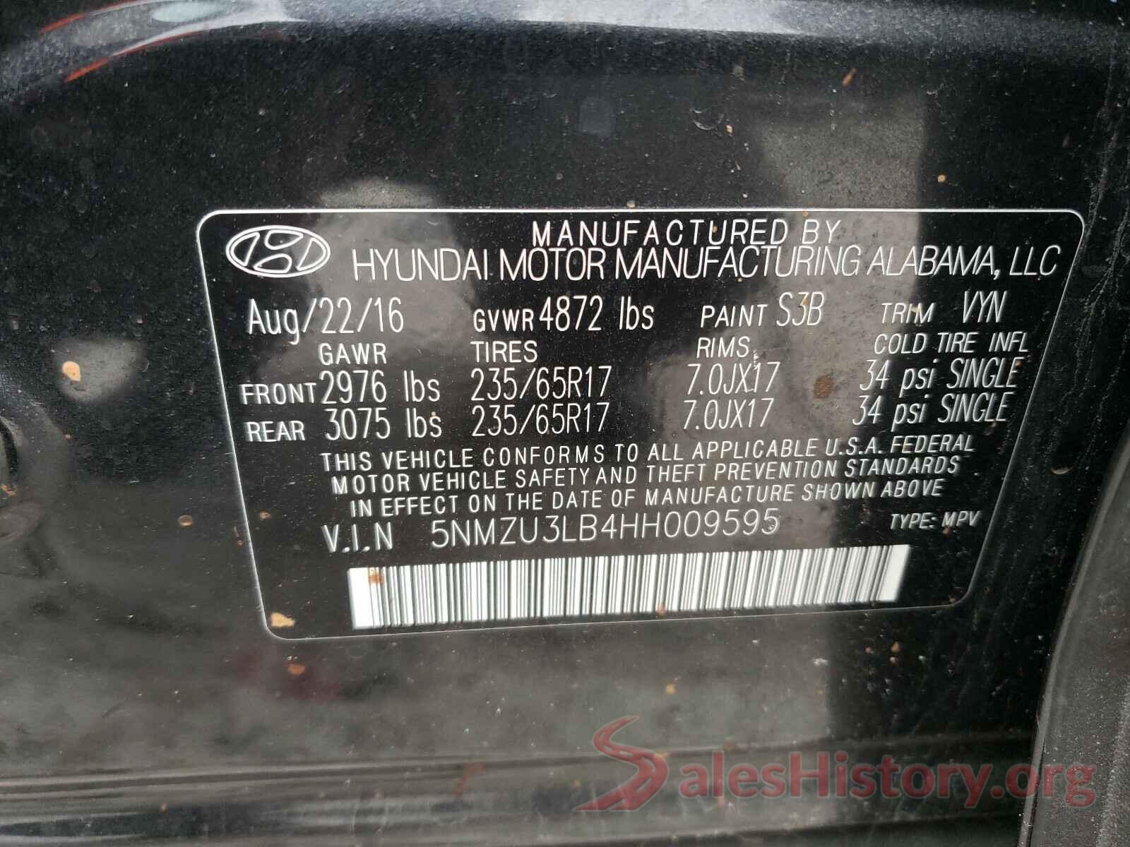 5NMZU3LB4HH009595 2017 HYUNDAI SANTA FE