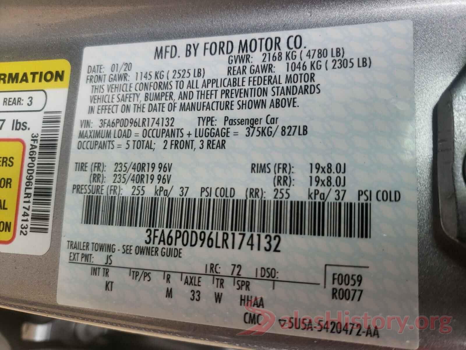 3FA6P0D96LR174132 2020 FORD FUSION