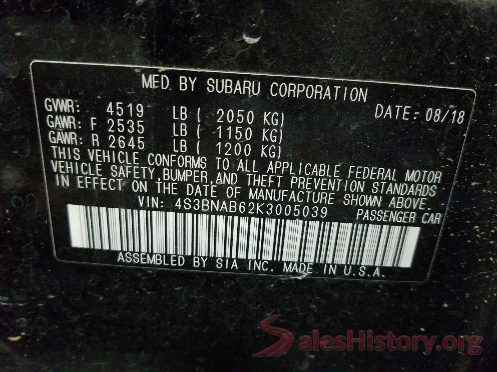 4S3BNAB62K3005039 2019 SUBARU LEGACY