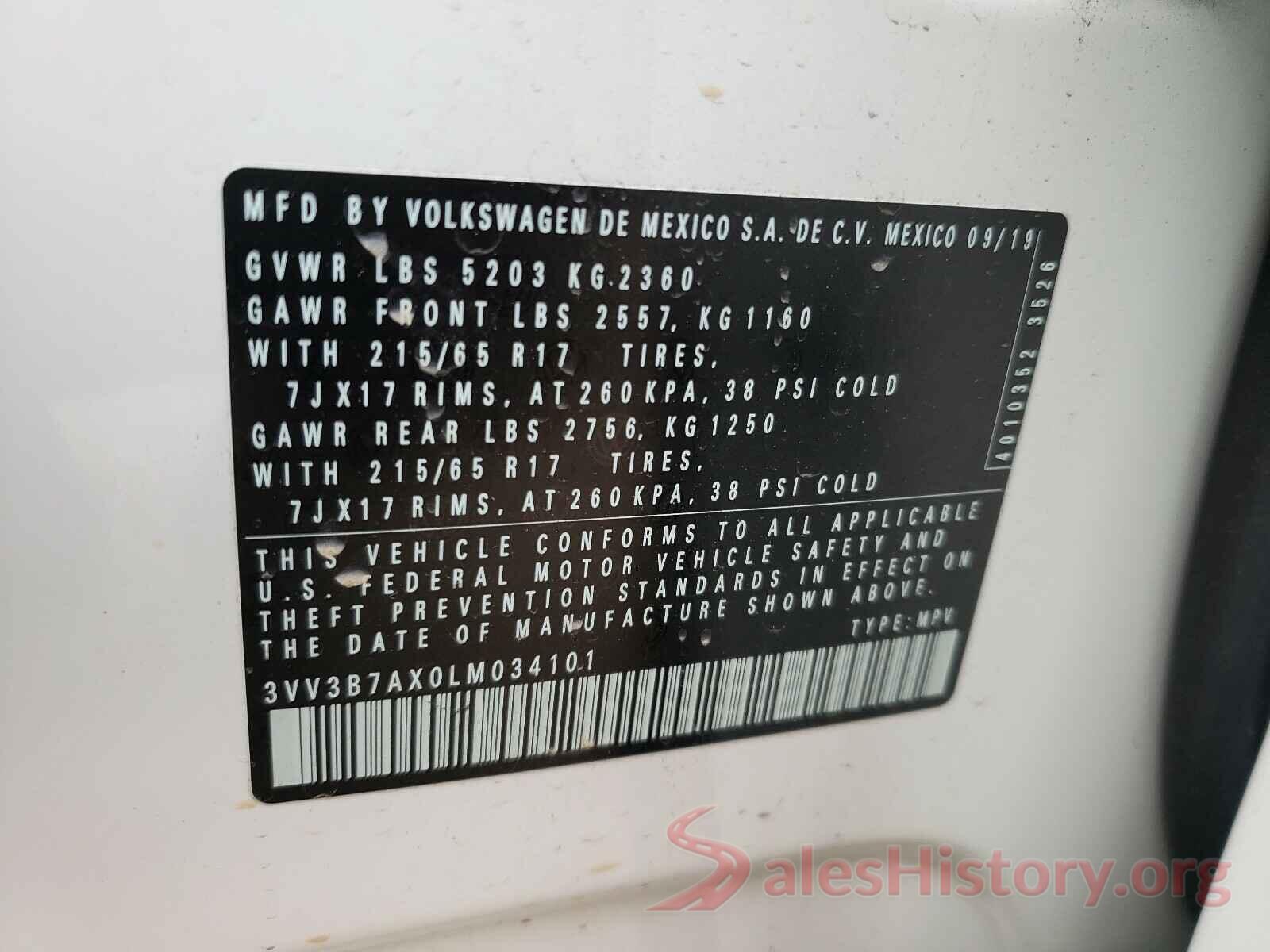 3VV3B7AX0LM034101 2020 VOLKSWAGEN TIGUAN