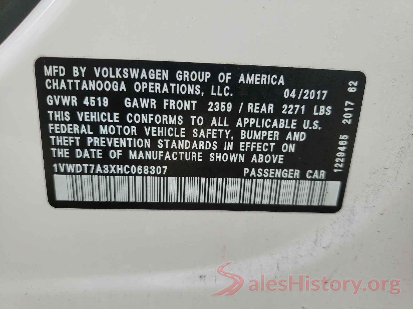 1VWDT7A3XHC068307 2017 VOLKSWAGEN PASSAT