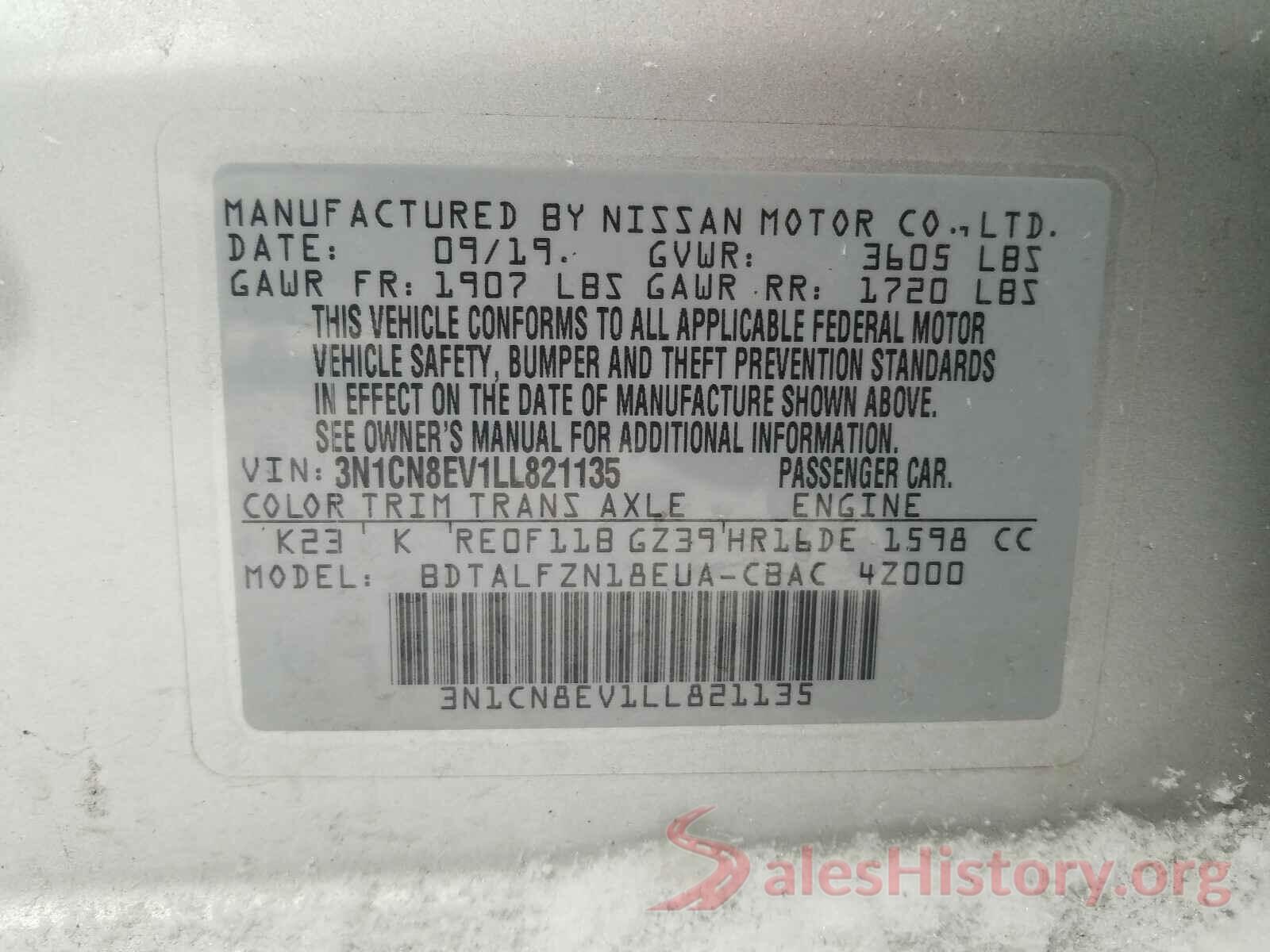 3N1CN8EV1LL821135 2020 NISSAN VERSA