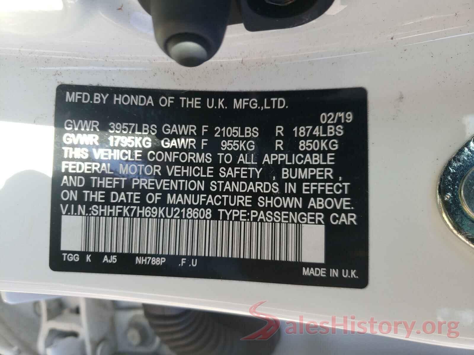 SHHFK7H69KU218608 2019 HONDA CIVIC