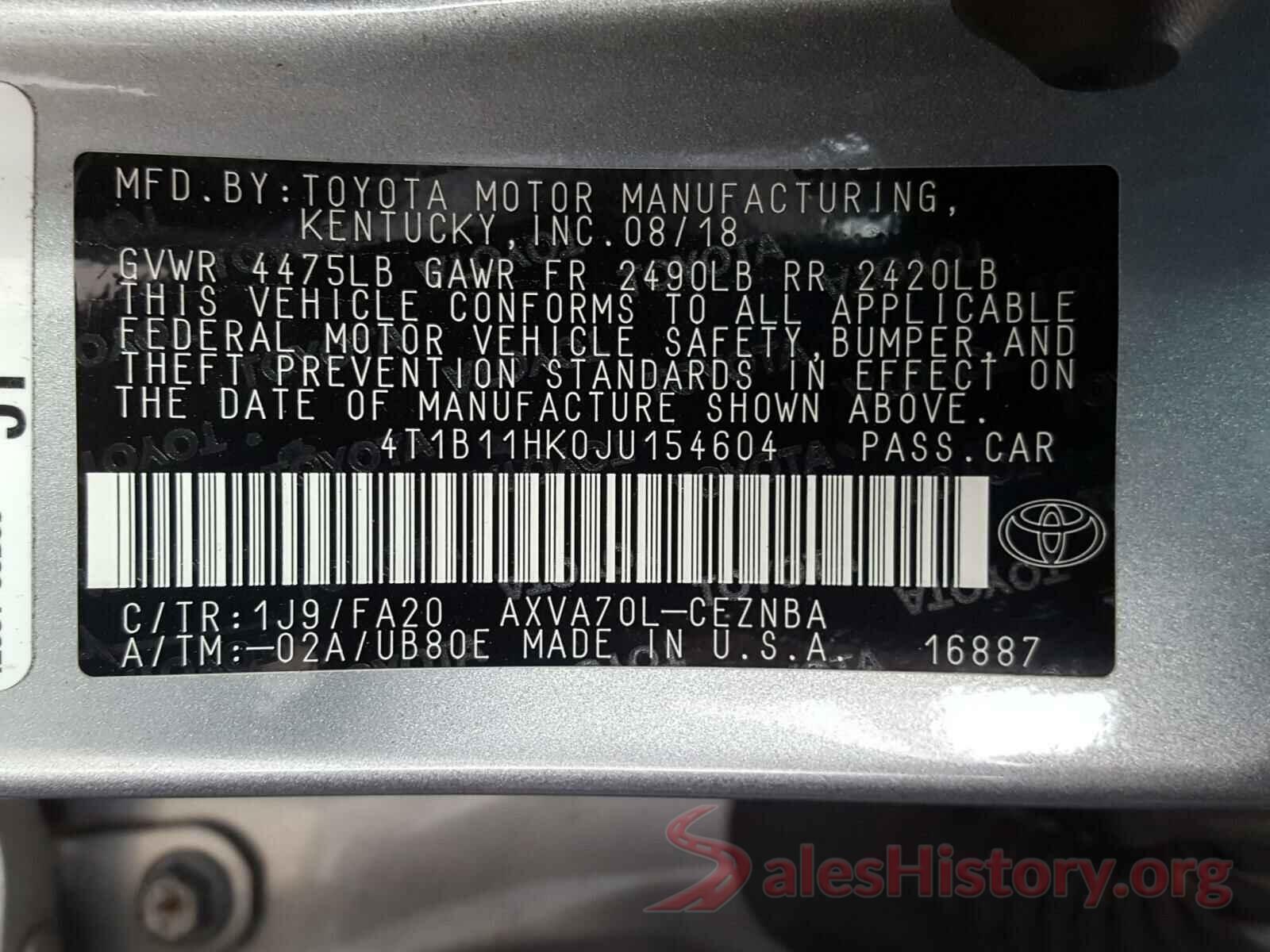 4T1B11HK0JU154604 2018 TOYOTA CAMRY