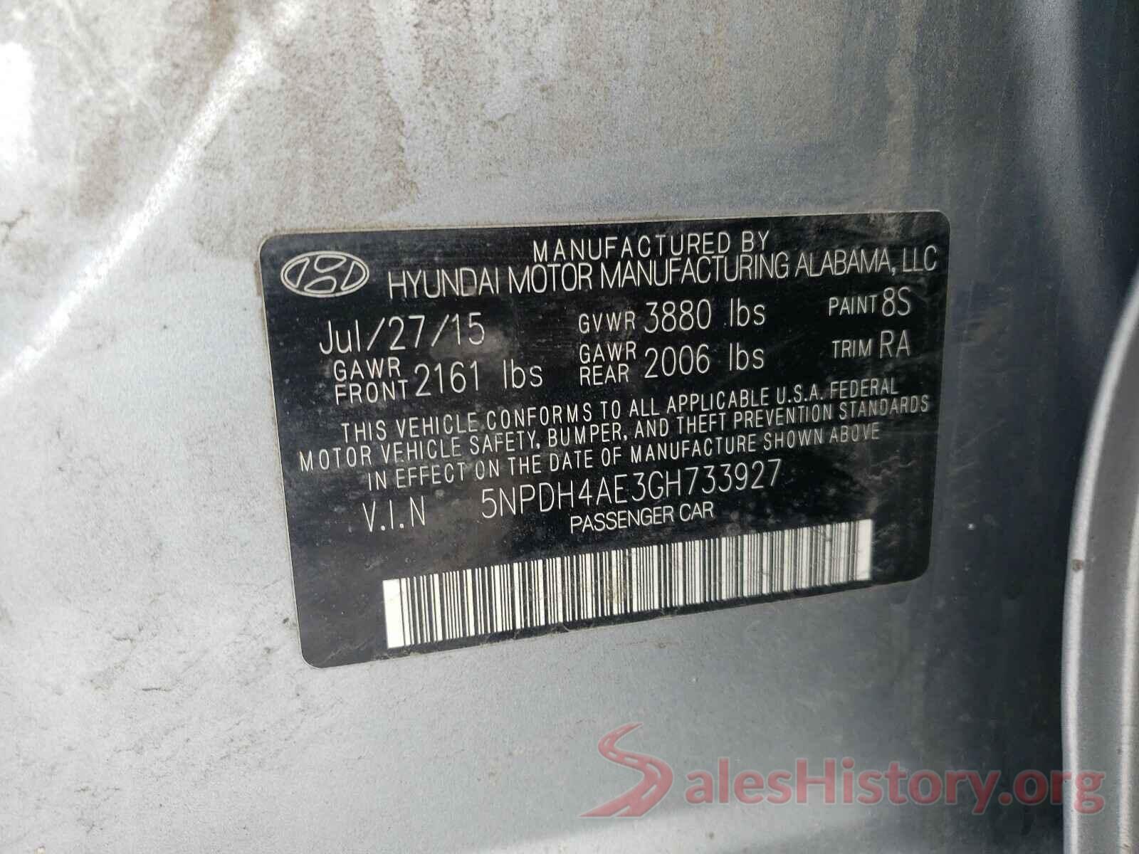 5NPDH4AE3GH733927 2016 HYUNDAI ELANTRA