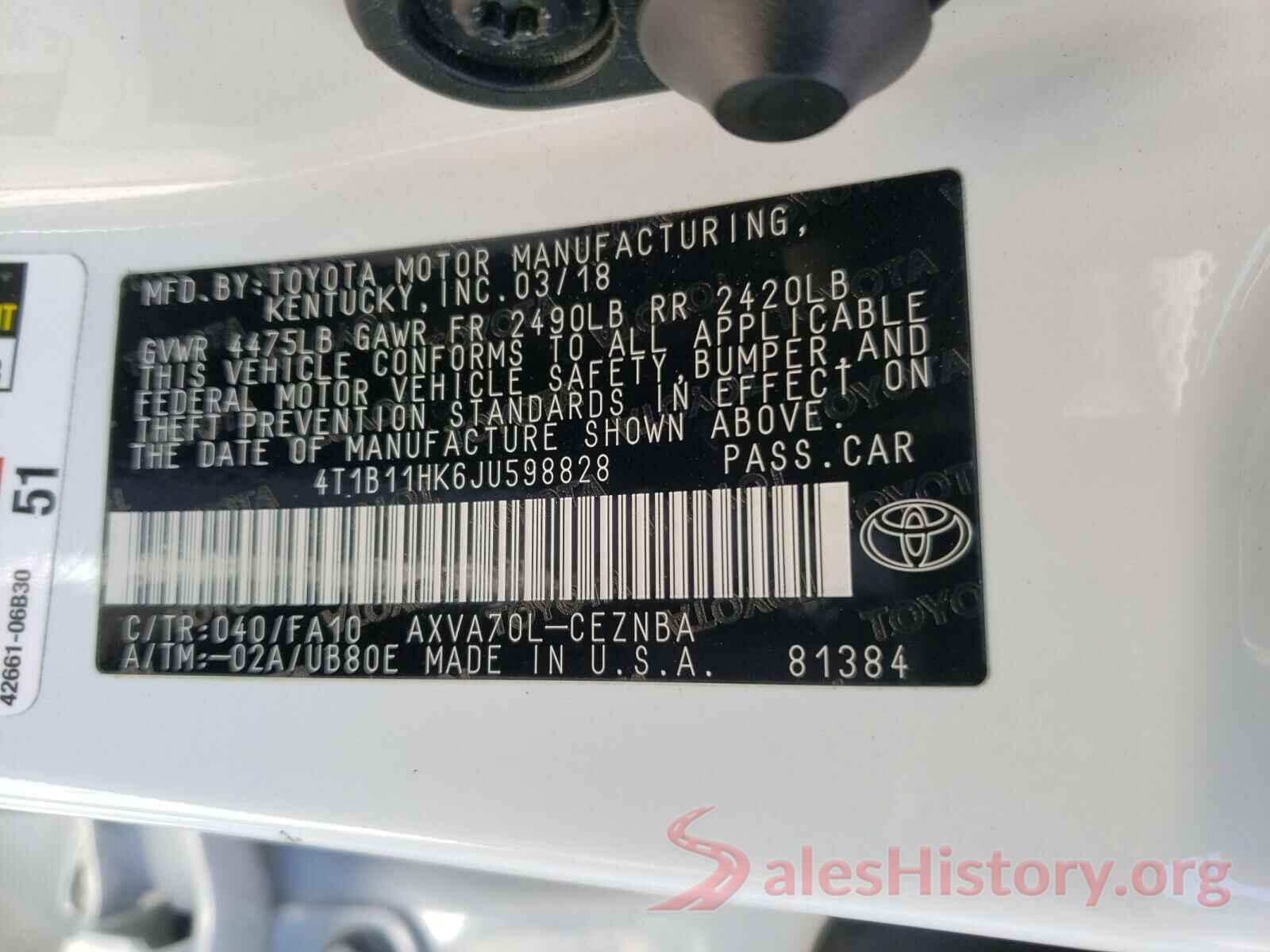 4T1B11HK6JU598828 2018 TOYOTA CAMRY