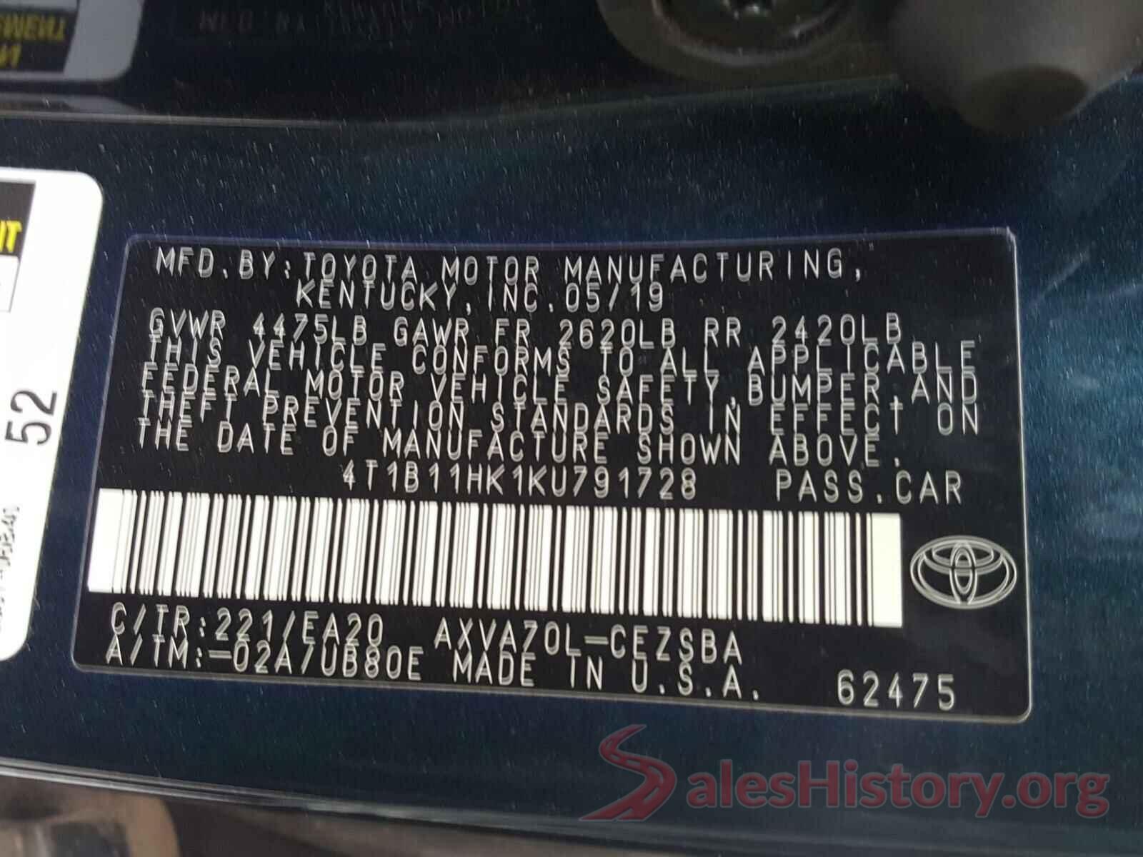 4T1B11HK1KU791728 2019 TOYOTA CAMRY