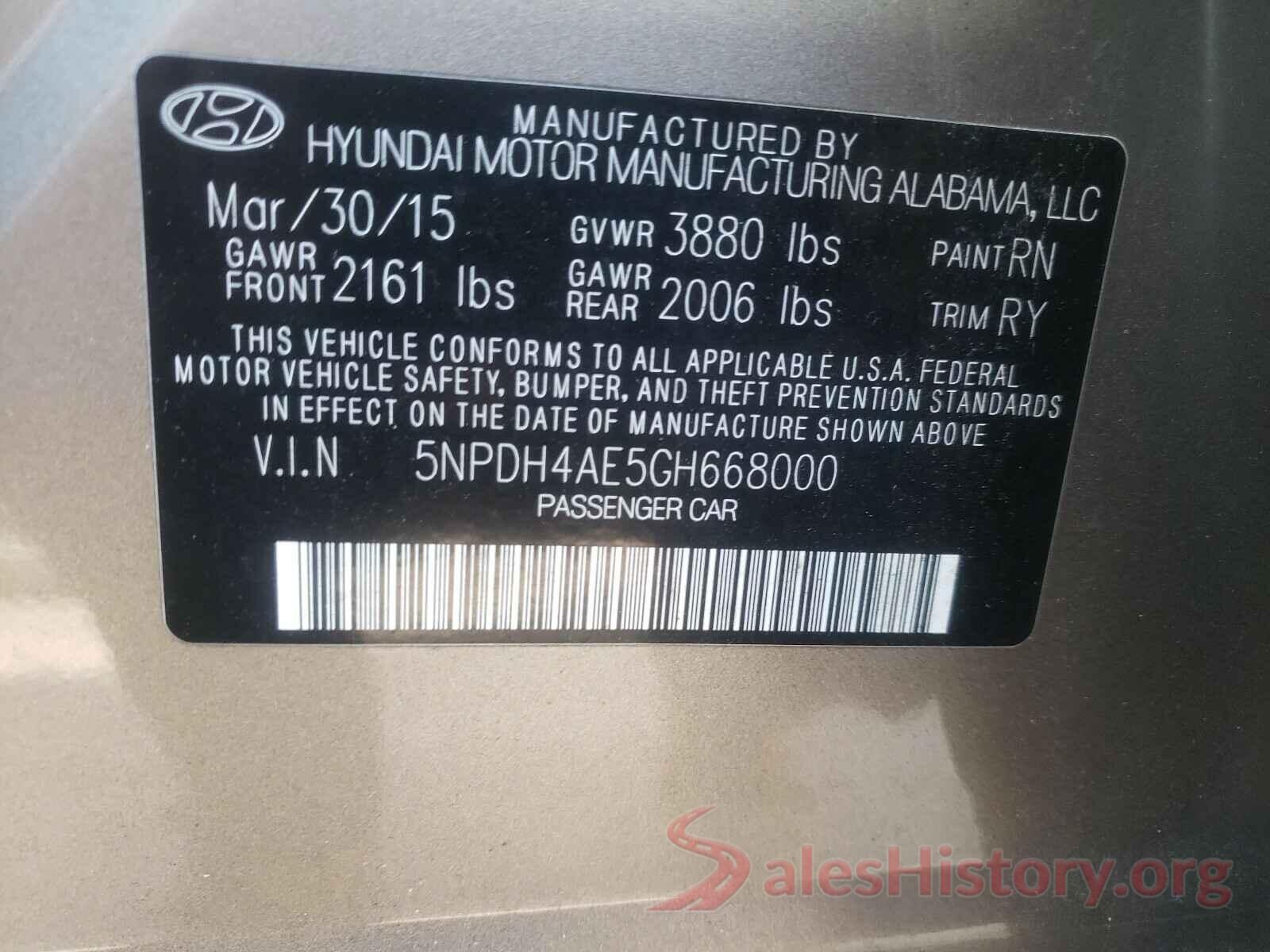 5NPDH4AE5GH668000 2016 HYUNDAI ELANTRA