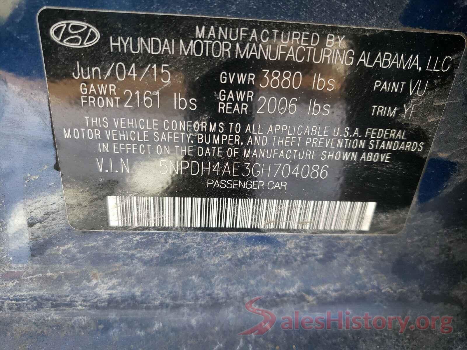 5NPDH4AE3GH704086 2016 HYUNDAI ELANTRA