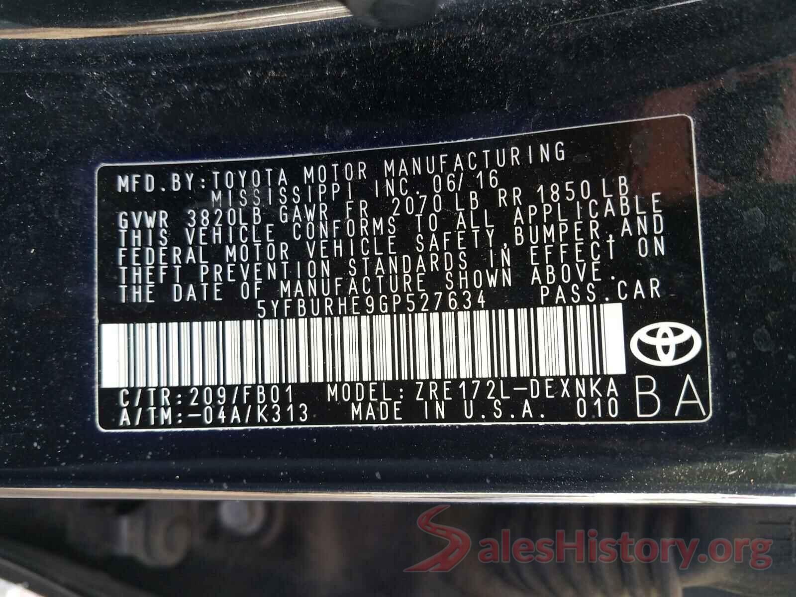 5YFBURHE9GP527634 2016 TOYOTA COROLLA