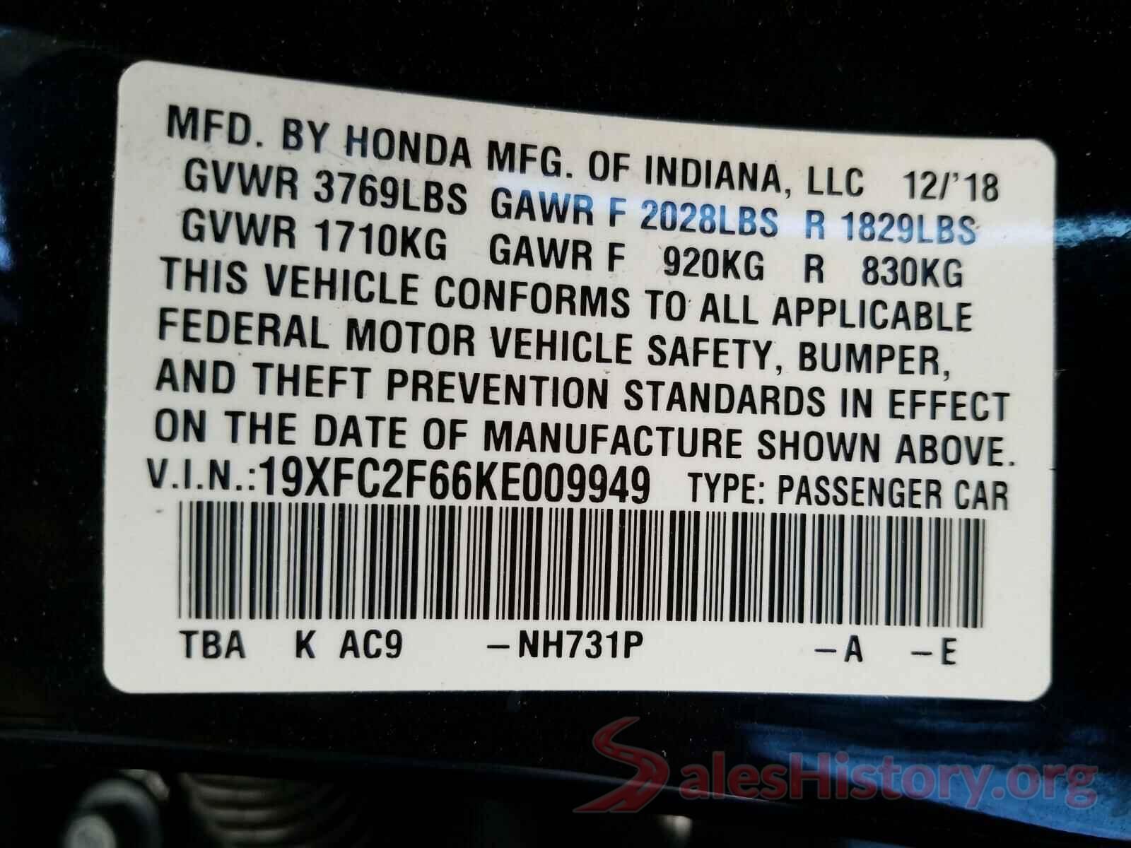 19XFC2F66KE009949 2019 HONDA CIVIC