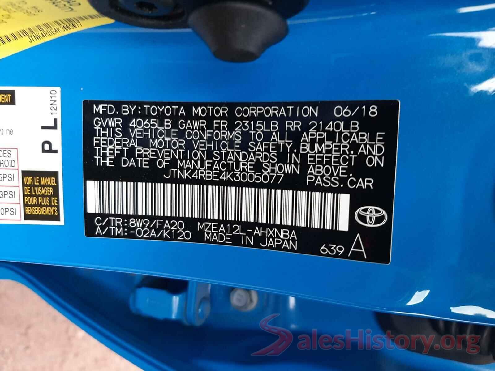 JTNK4RBE4K3005077 2019 TOYOTA COROLLA