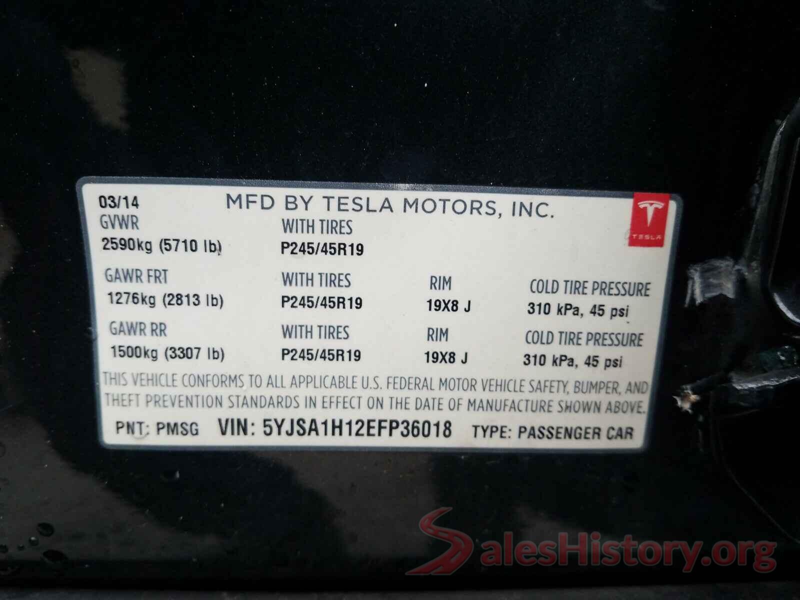 5YJSA1H12EFP36018 2014 TESLA MODEL S