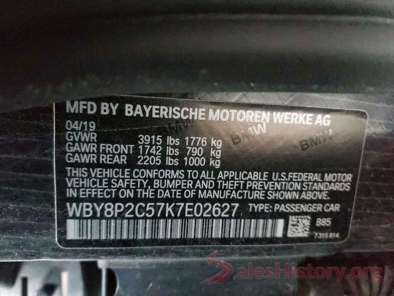 WBY8P2C57K7E02627 2019 BMW I SERIES