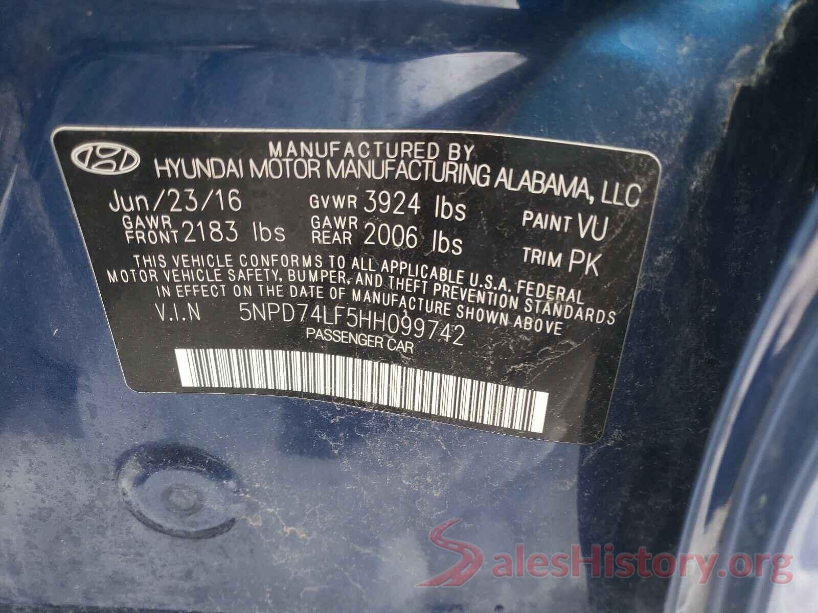 5NPD74LF5HH099742 2017 HYUNDAI ELANTRA